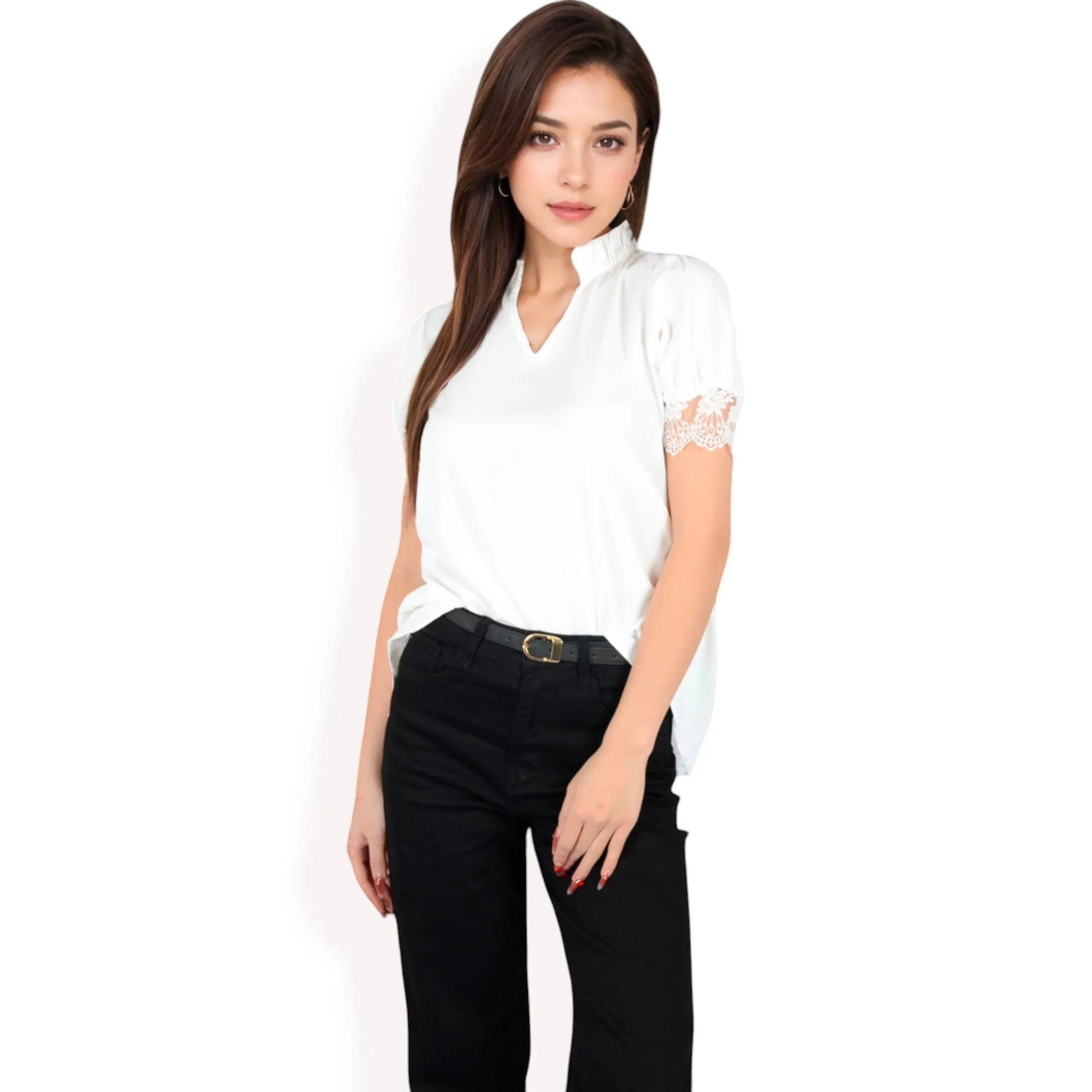 Anna-Kaci Women's Puff Sleeve Blouse with Delicate Crochet Cuffs and V-Neckline