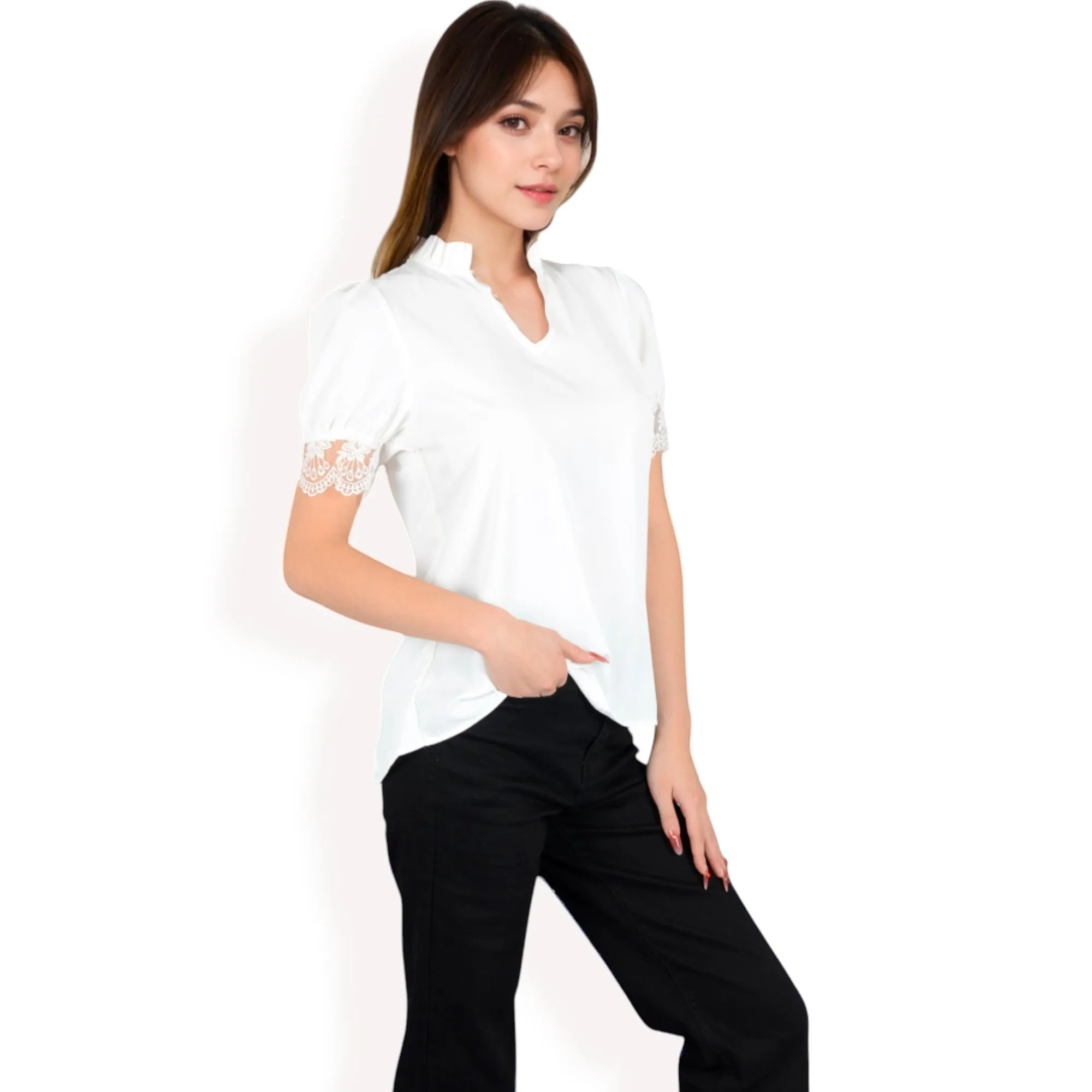 Anna-Kaci Women's Puff Sleeve Blouse with Delicate Crochet Cuffs and V-Neckline