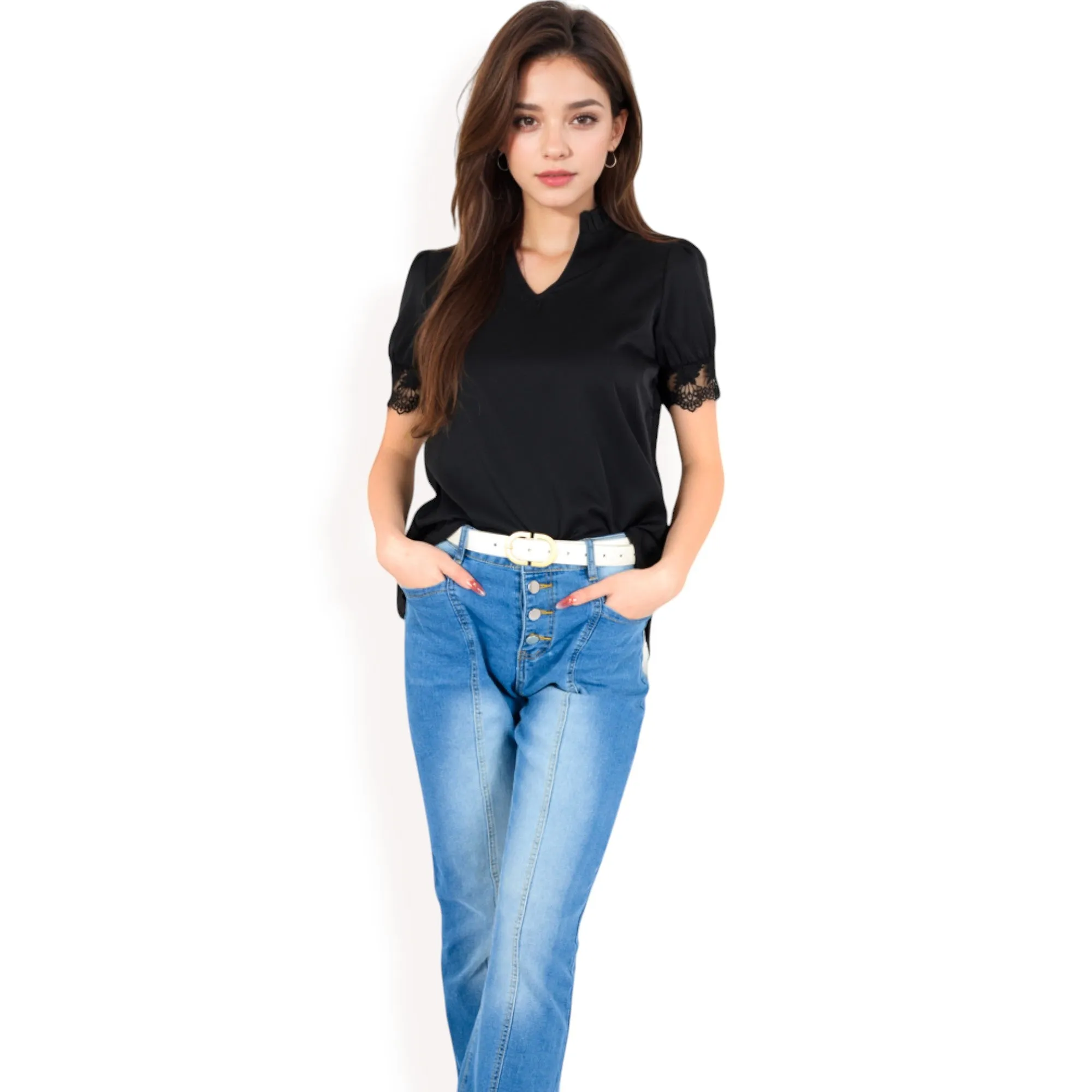 Anna-Kaci Women's Puff Sleeve Blouse with Delicate Crochet Cuffs and V-Neckline