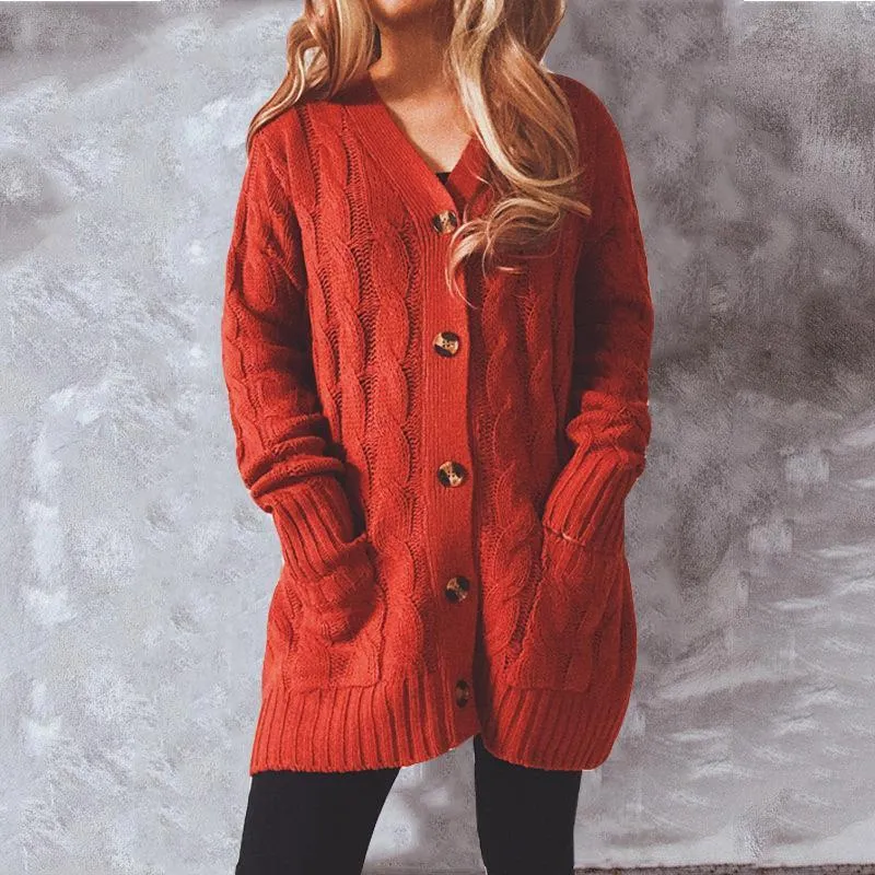 Autumn and winter single-breasted thick twist pocket long sleeve knit sweater cardigan