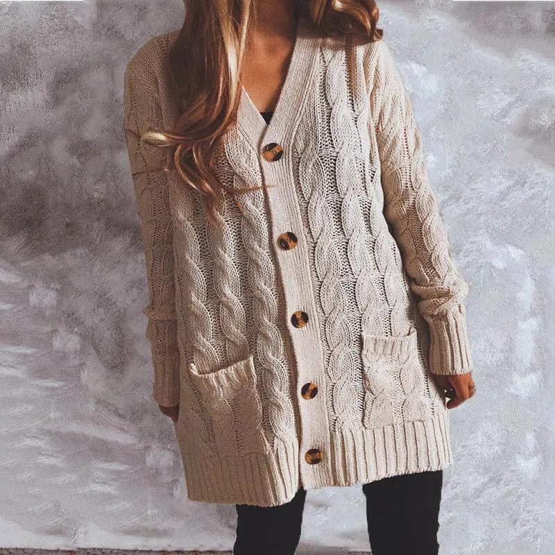 Autumn and winter single-breasted thick twist pocket long sleeve knit sweater cardigan