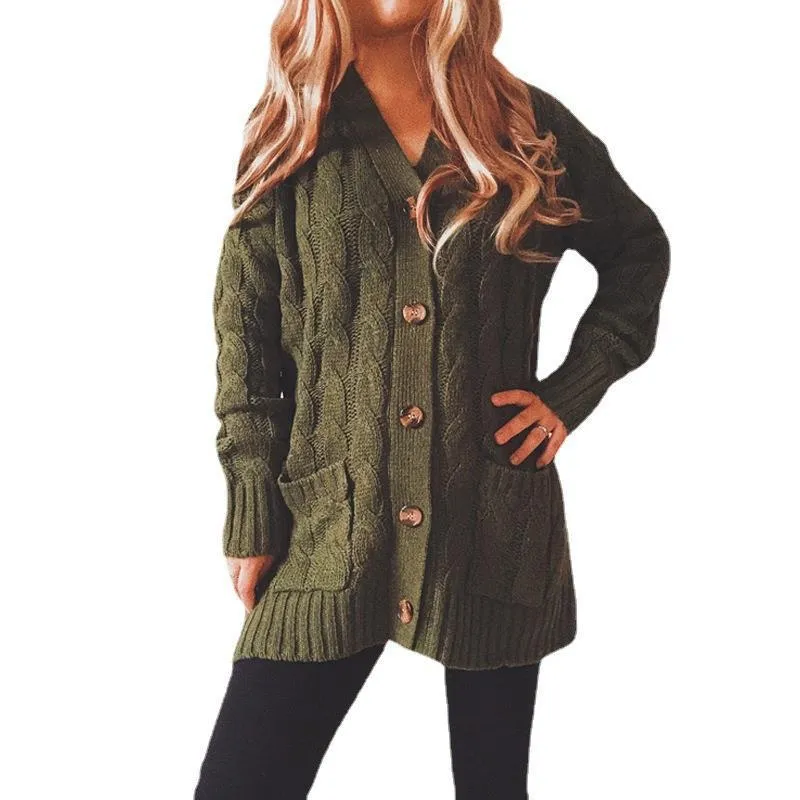 Autumn and winter single-breasted thick twist pocket long sleeve knit sweater cardigan