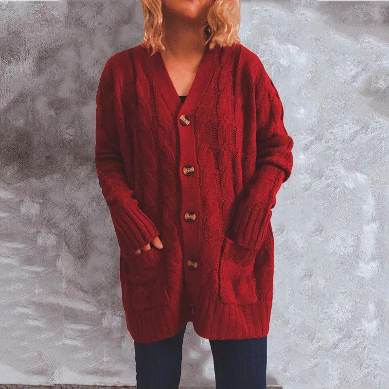 Autumn and winter single-breasted thick twist pocket long sleeve knit sweater cardigan