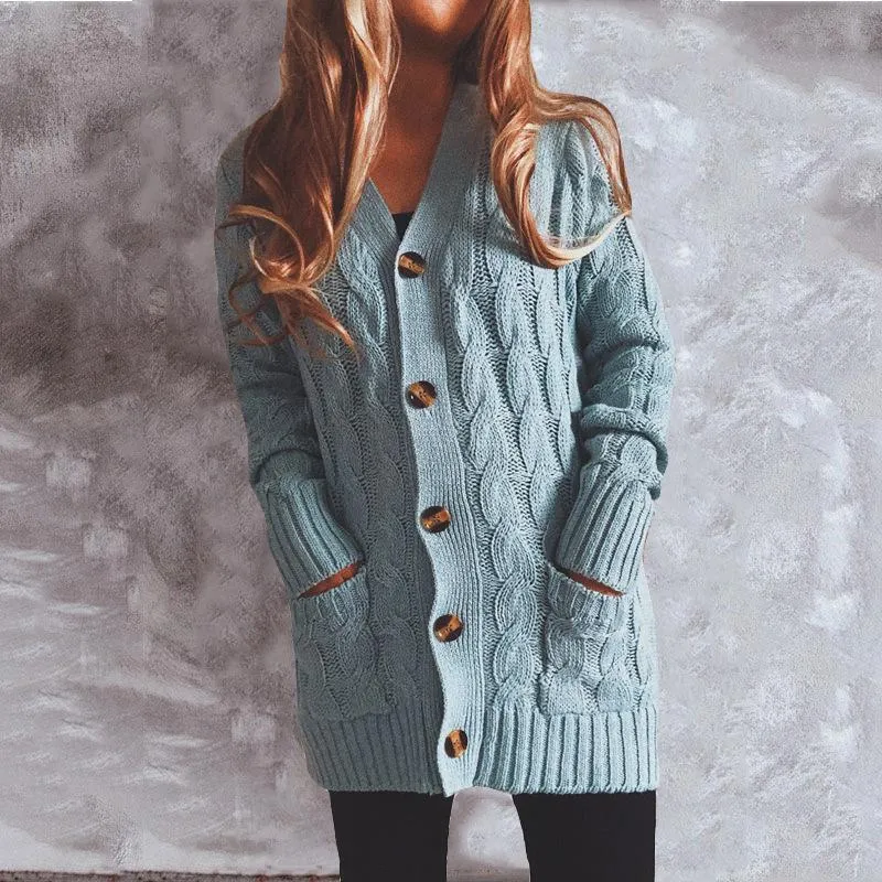 Autumn and winter single-breasted thick twist pocket long sleeve knit sweater cardigan