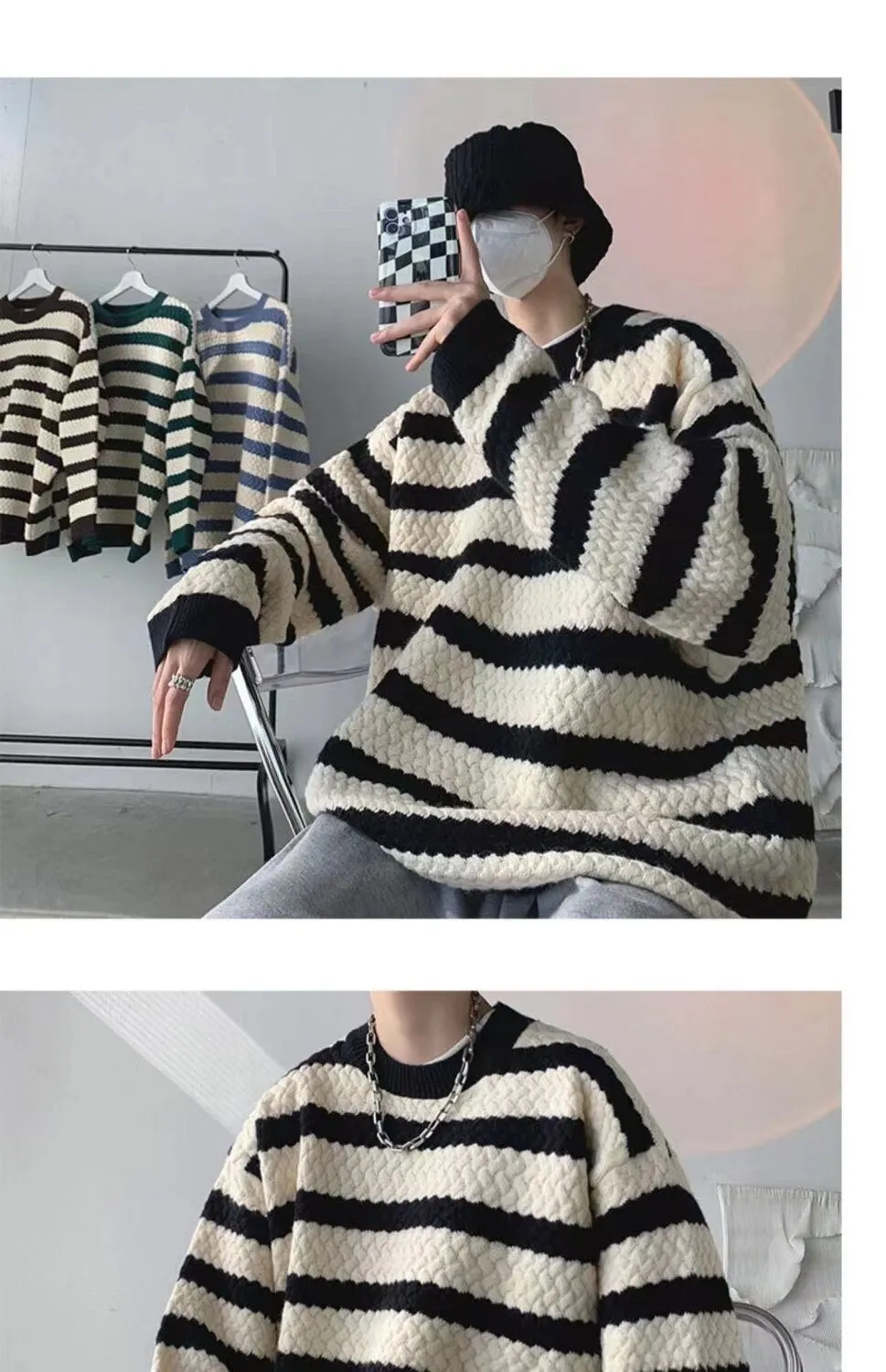Bonsir Winter Men's Stripe Printing Coats Round Neck Wool Sweater Retro Loose Pullover Fashion Trend Thickened Knitting M-2XL