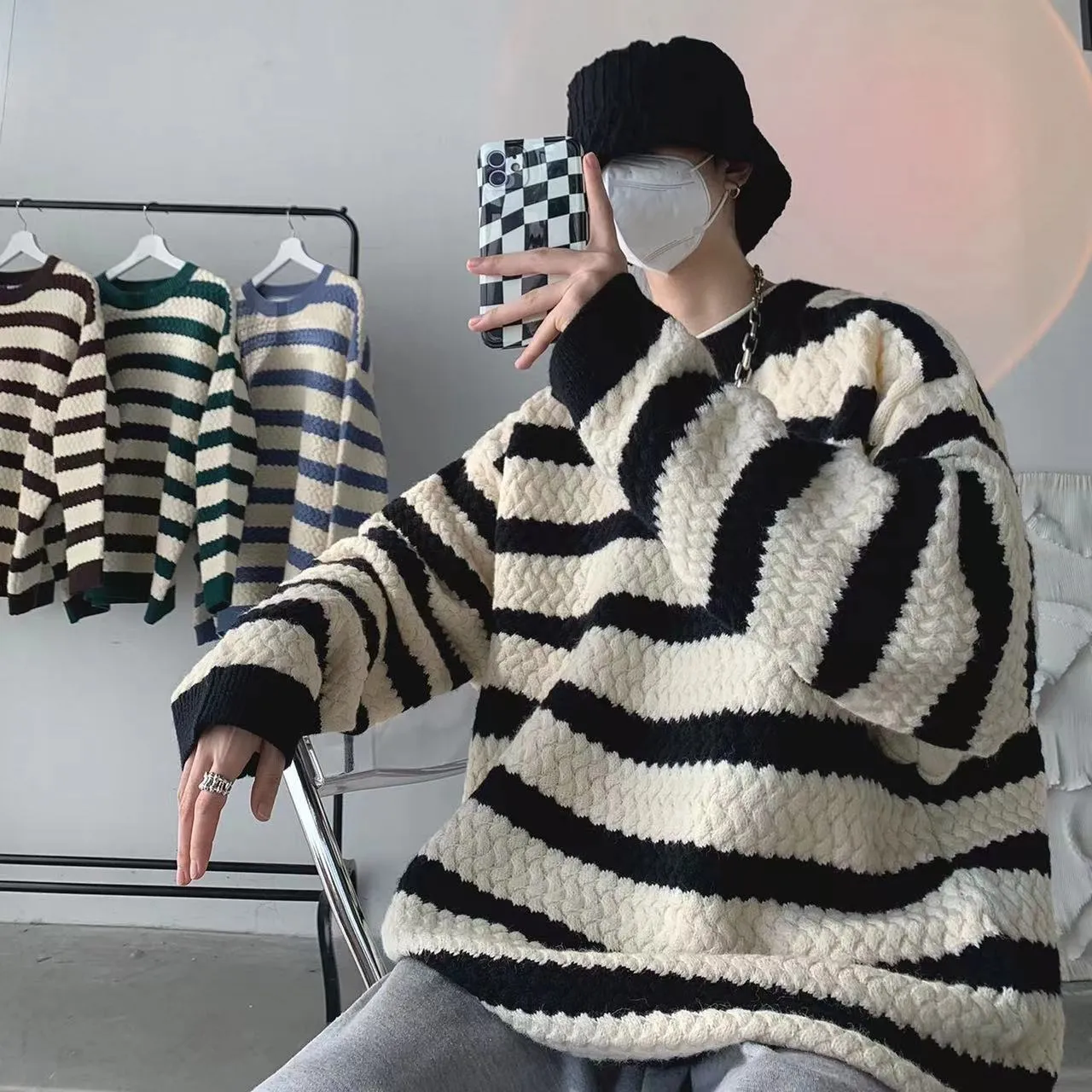 Bonsir Winter Men's Stripe Printing Coats Round Neck Wool Sweater Retro Loose Pullover Fashion Trend Thickened Knitting M-2XL