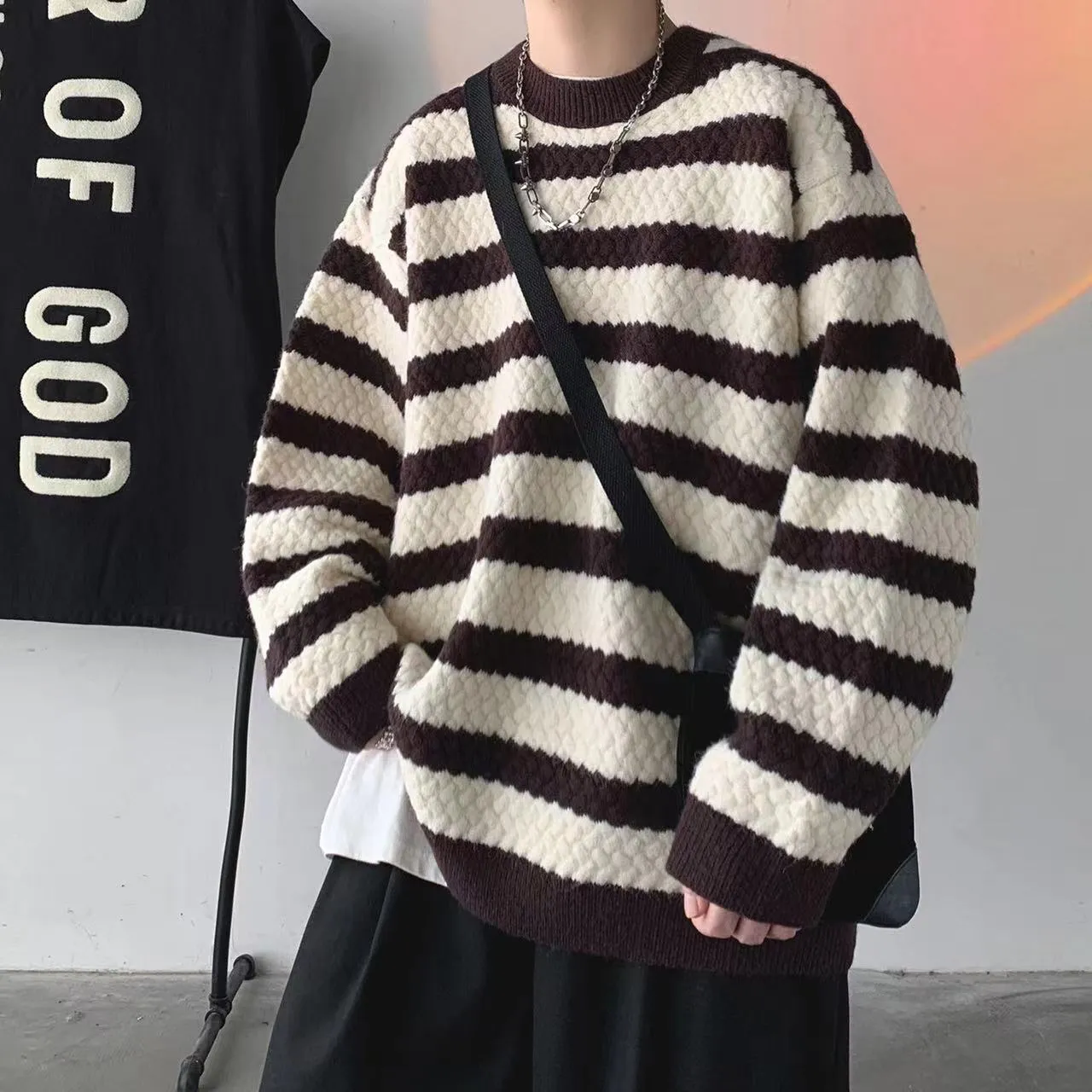 Bonsir Winter Men's Stripe Printing Coats Round Neck Wool Sweater Retro Loose Pullover Fashion Trend Thickened Knitting M-2XL
