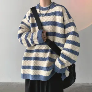 Bonsir Winter Men's Stripe Printing Coats Round Neck Wool Sweater Retro Loose Pullover Fashion Trend Thickened Knitting M-2XL