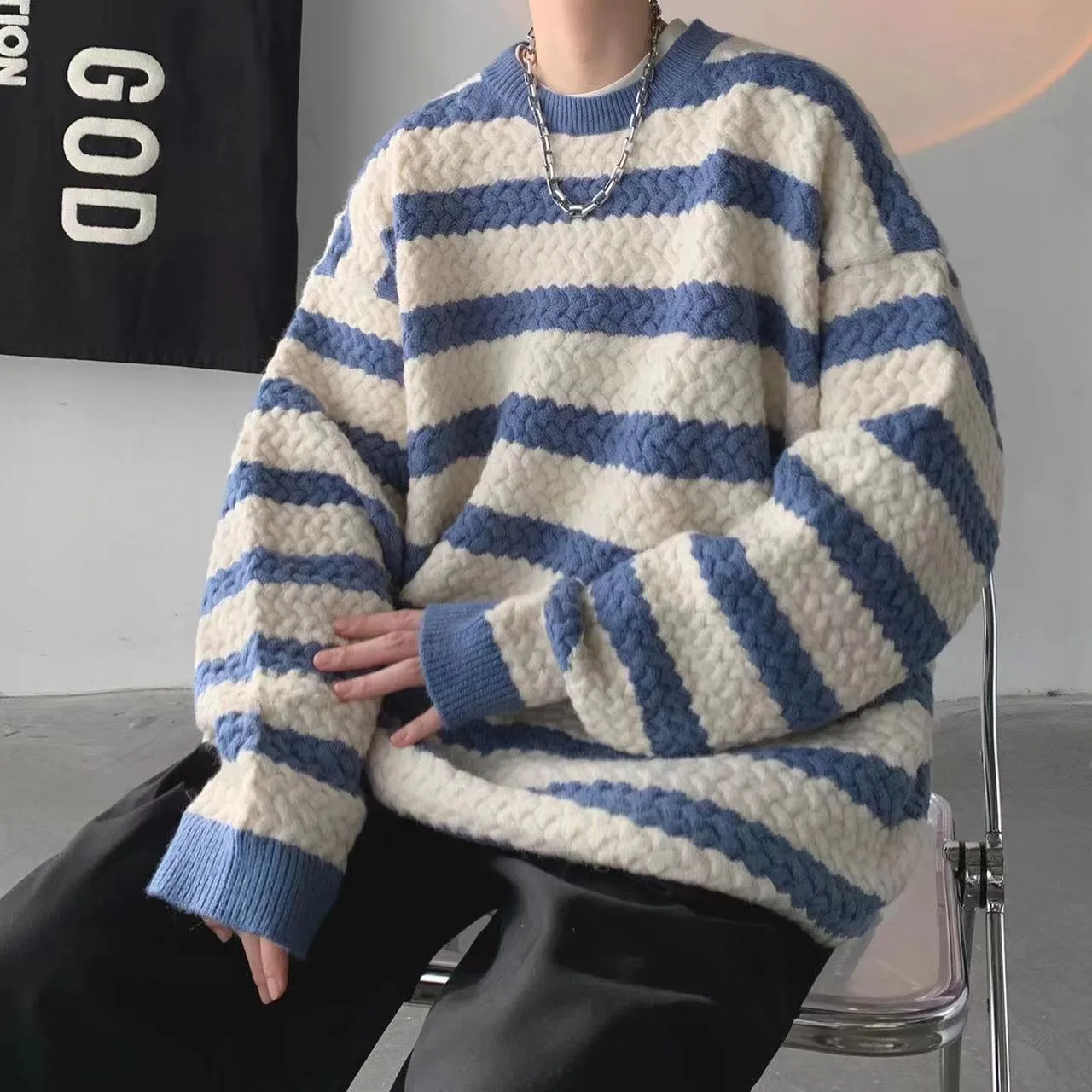 Bonsir Winter Men's Stripe Printing Coats Round Neck Wool Sweater Retro Loose Pullover Fashion Trend Thickened Knitting M-2XL