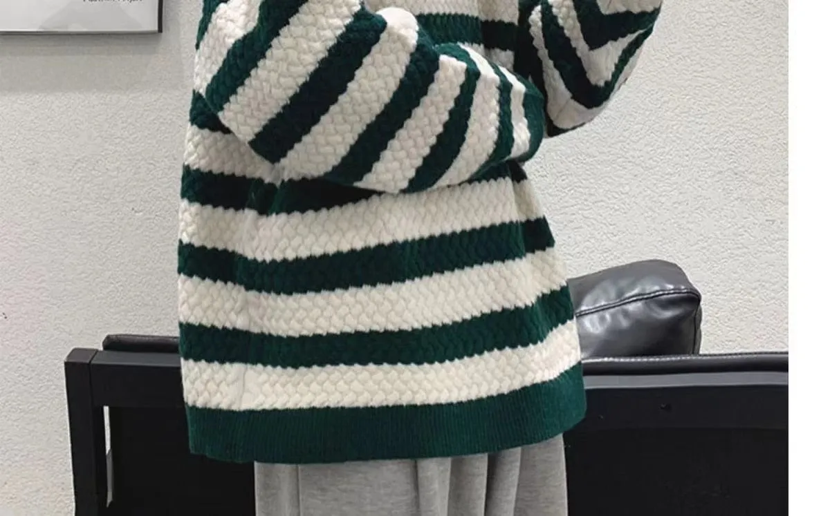 Bonsir Winter Men's Stripe Printing Coats Round Neck Wool Sweater Retro Loose Pullover Fashion Trend Thickened Knitting M-2XL