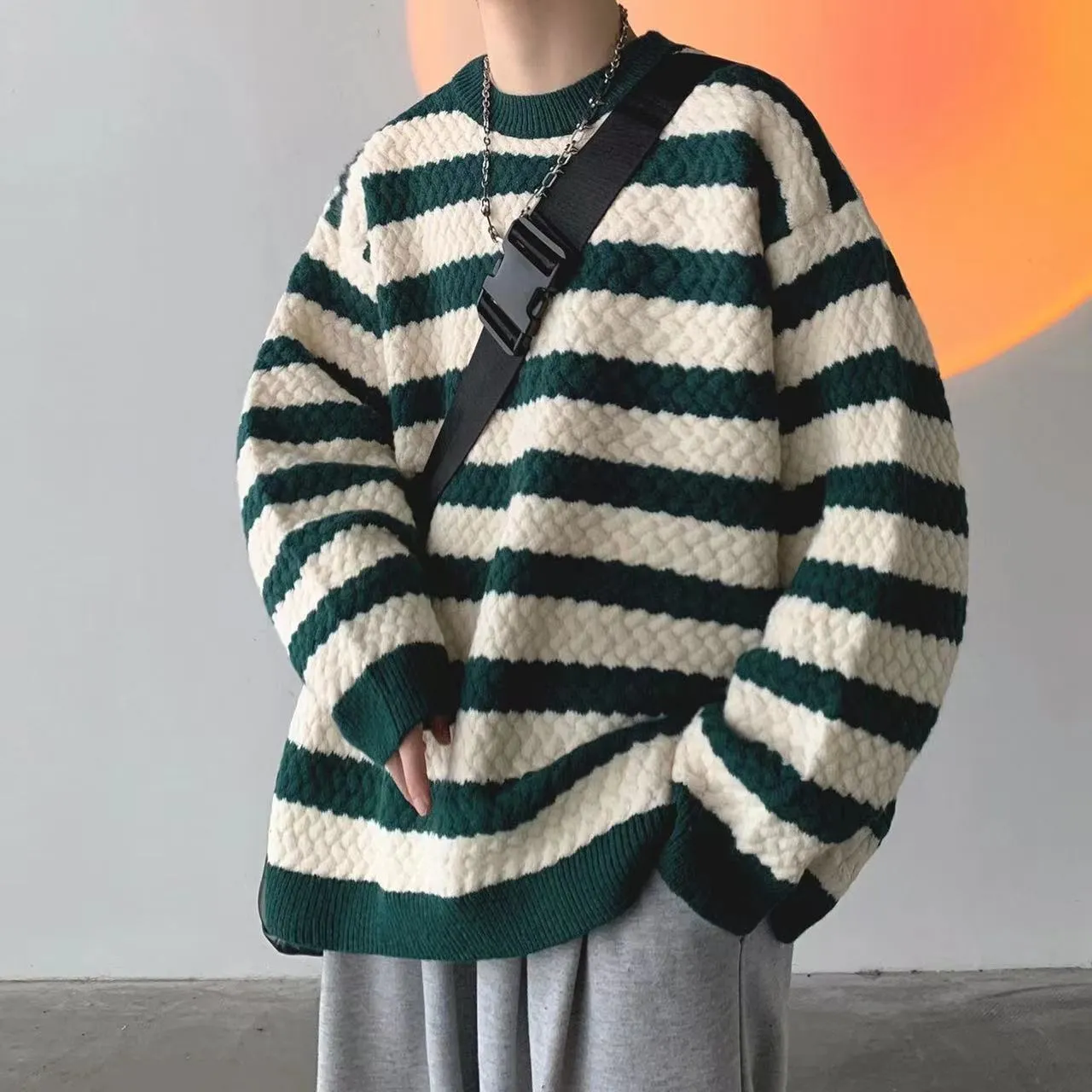 Bonsir Winter Men's Stripe Printing Coats Round Neck Wool Sweater Retro Loose Pullover Fashion Trend Thickened Knitting M-2XL