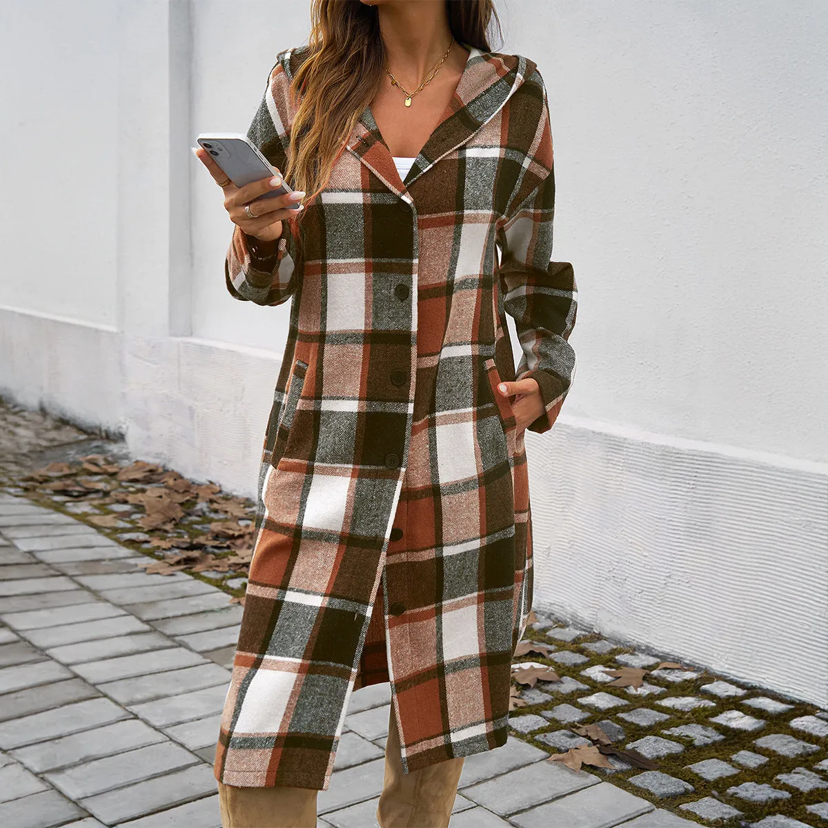 Casual Loose Colorblocked Plaid Hooded Jackets & Coats Wholesale Womens Clothing N3824071500022