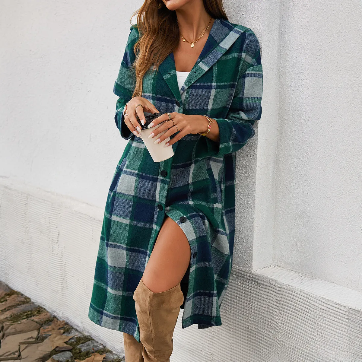 Casual Loose Colorblocked Plaid Hooded Jackets & Coats Wholesale Womens Clothing N3824071500022