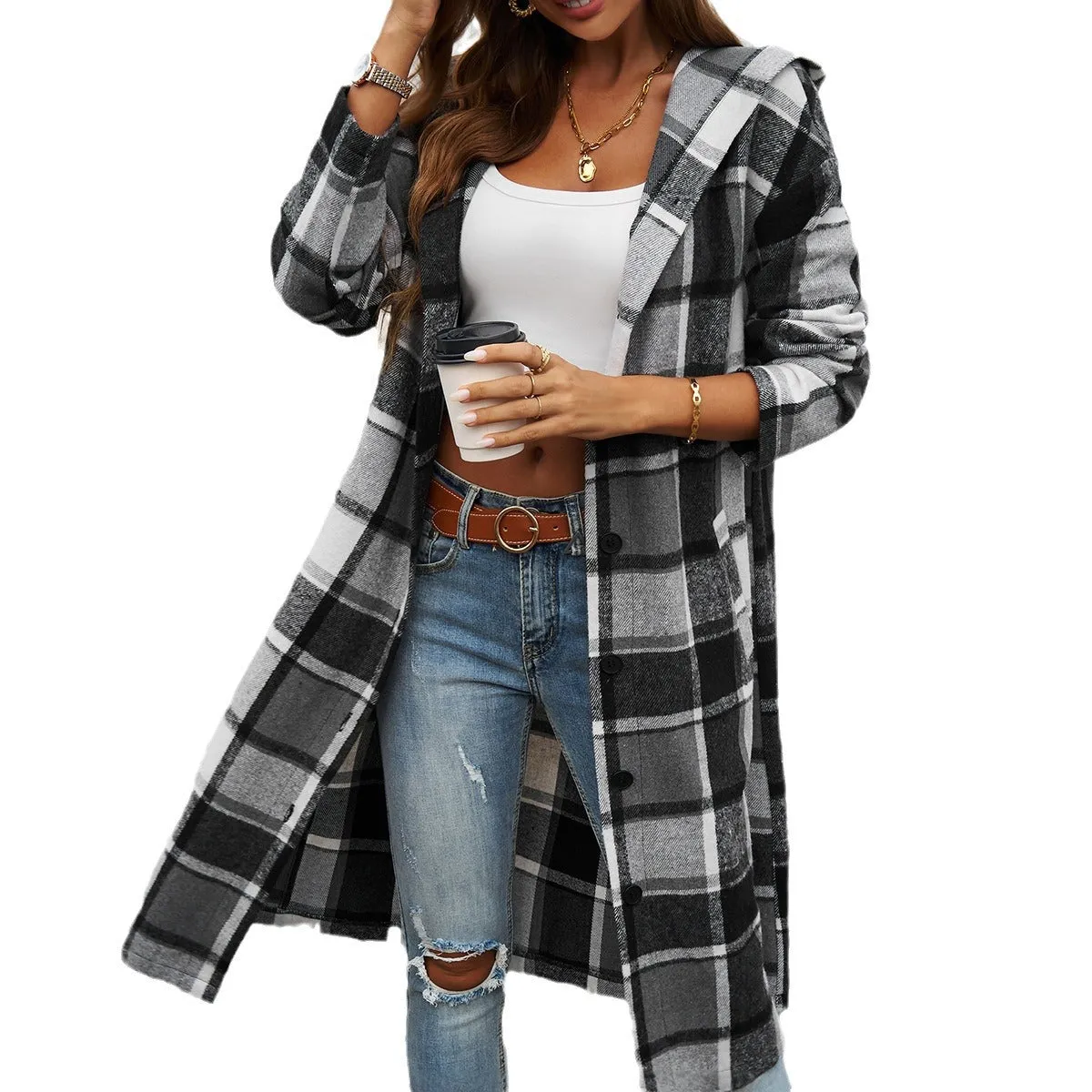 Casual Loose Colorblocked Plaid Hooded Jackets & Coats Wholesale Womens Clothing N3824071500022