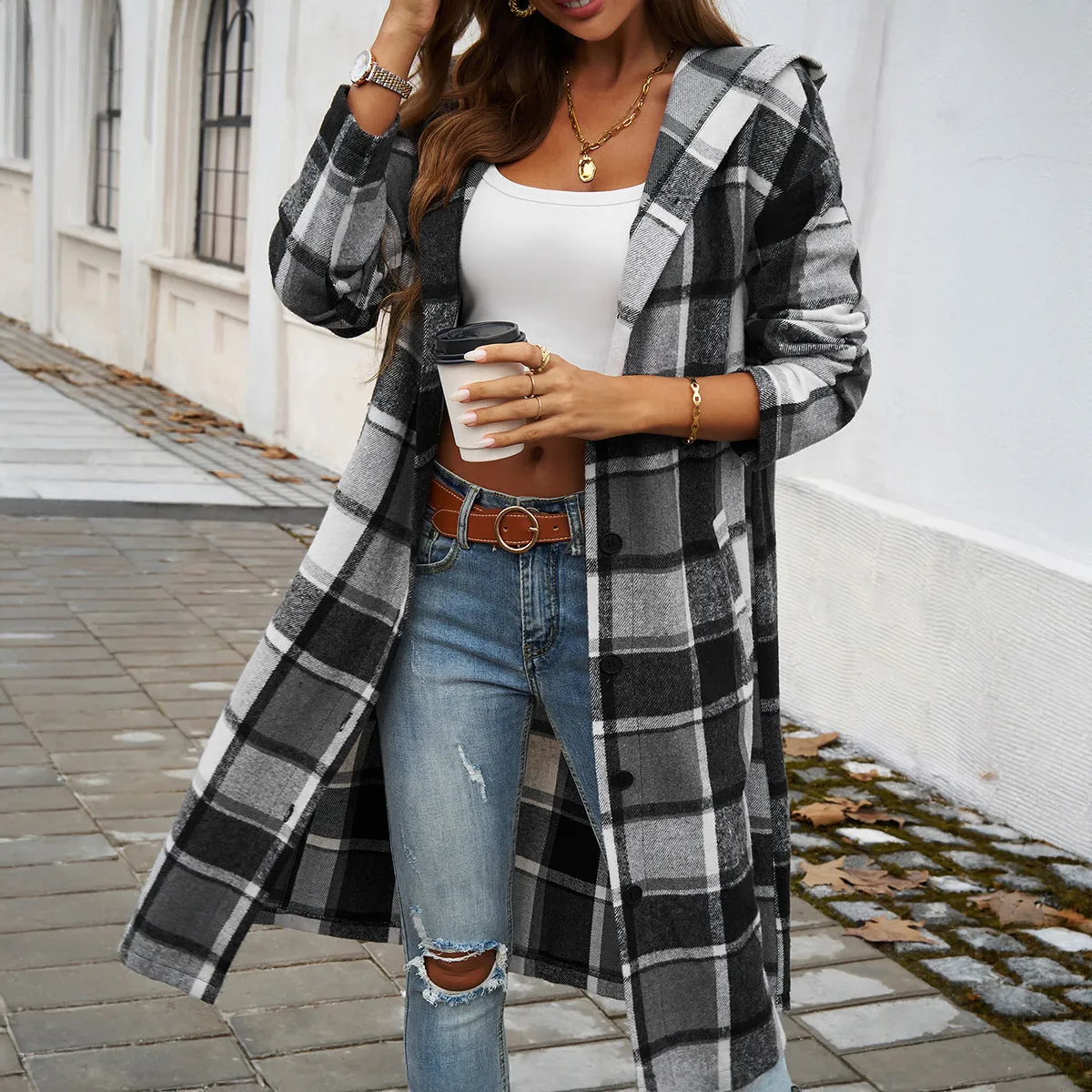 Casual Loose Colorblocked Plaid Hooded Jackets & Coats Wholesale Womens Clothing N3824071500022