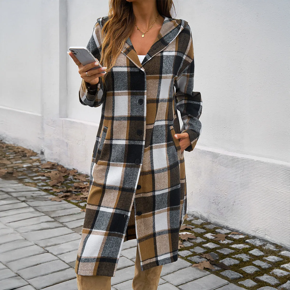 Casual Loose Colorblocked Plaid Hooded Jackets & Coats Wholesale Womens Clothing N3824071500022