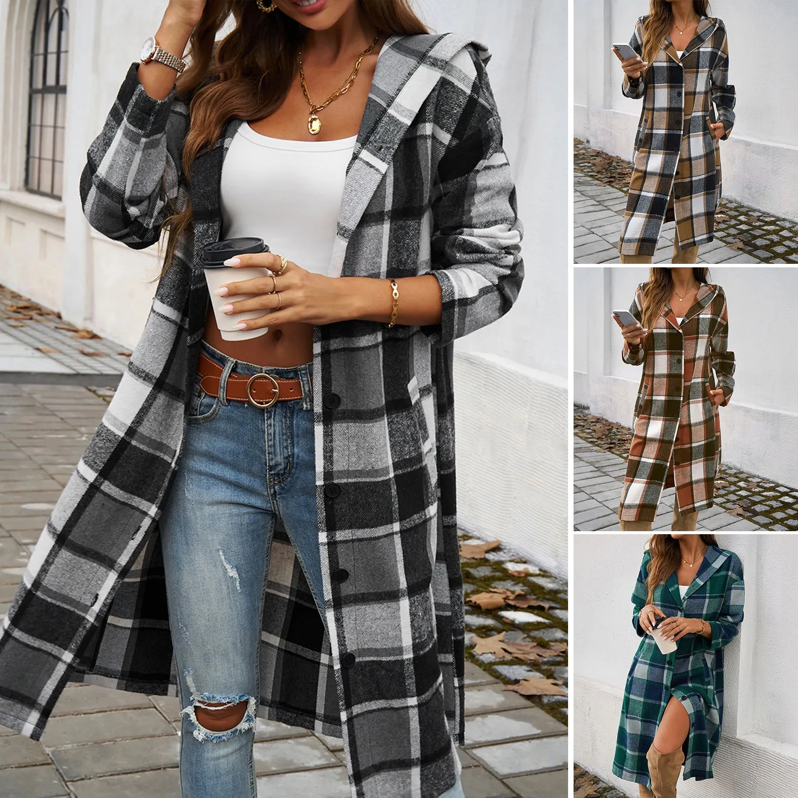 Casual Loose Colorblocked Plaid Hooded Jackets & Coats Wholesale Womens Clothing N3824071500022