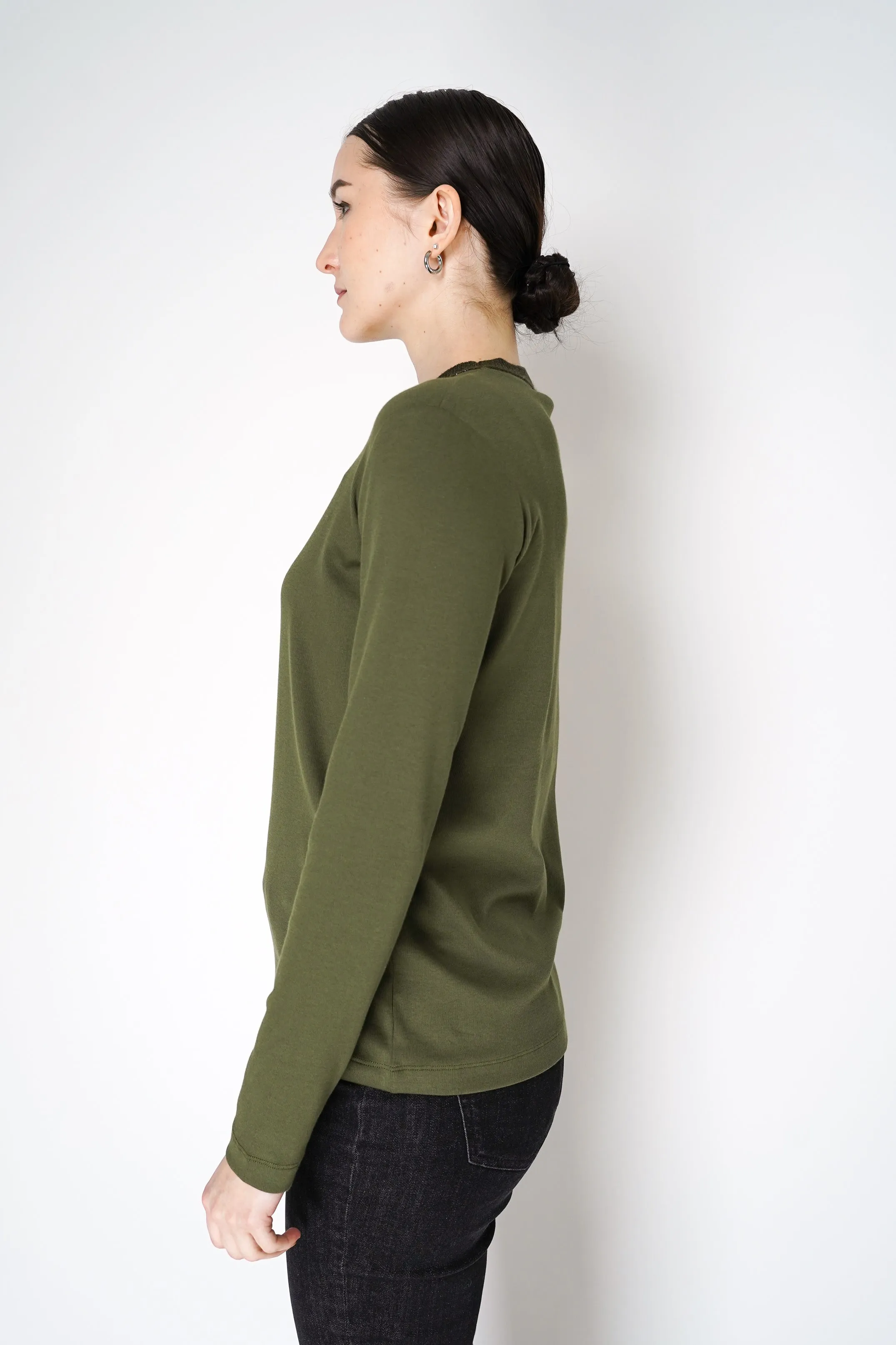 Fabiana Filippi Long Sleeve Jersey Top with Knitted Crew Neck in Loden Green