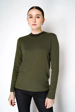 Fabiana Filippi Long Sleeve Jersey Top with Knitted Crew Neck in Loden Green