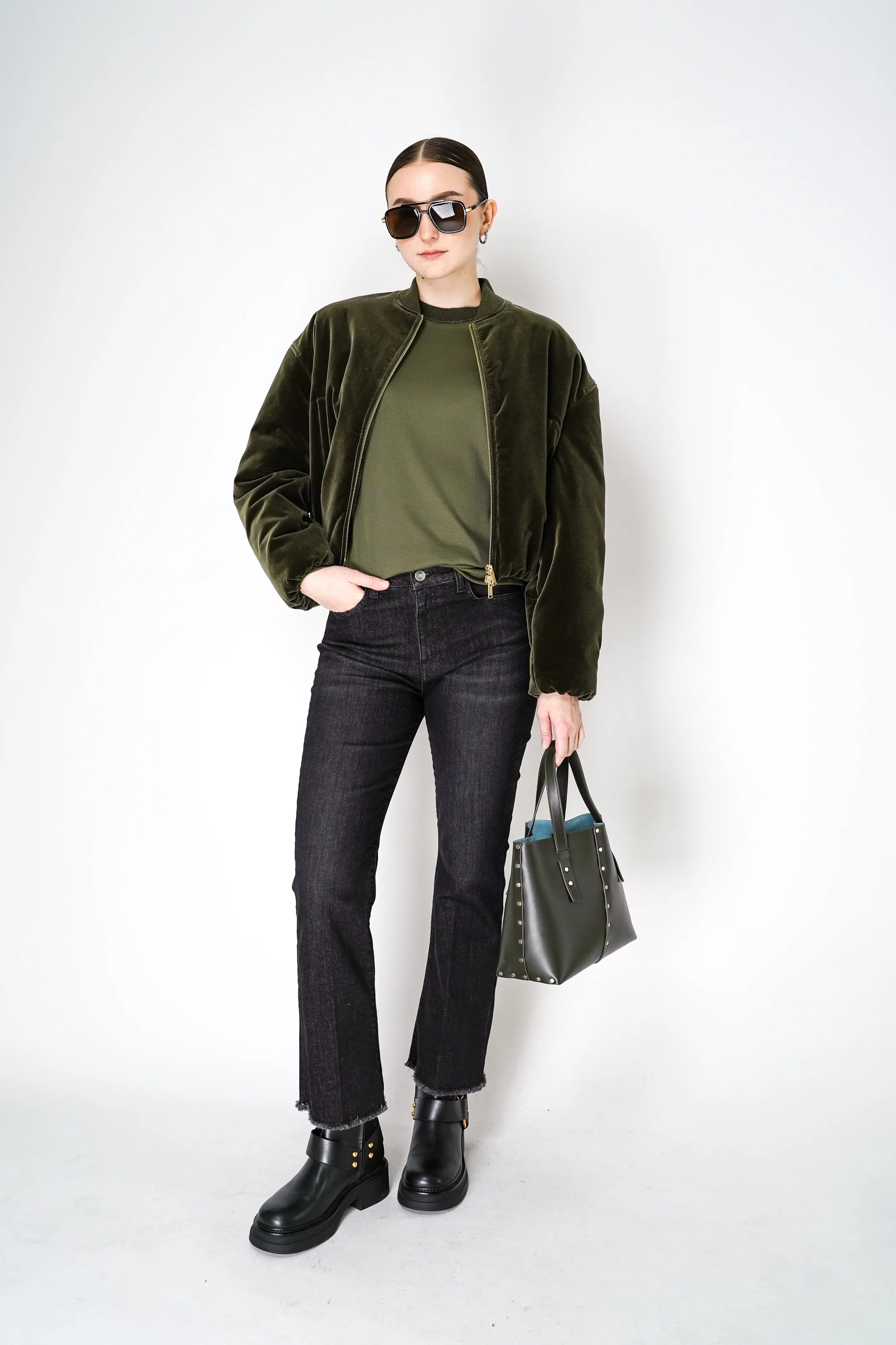 Fabiana Filippi Long Sleeve Jersey Top with Knitted Crew Neck in Loden Green