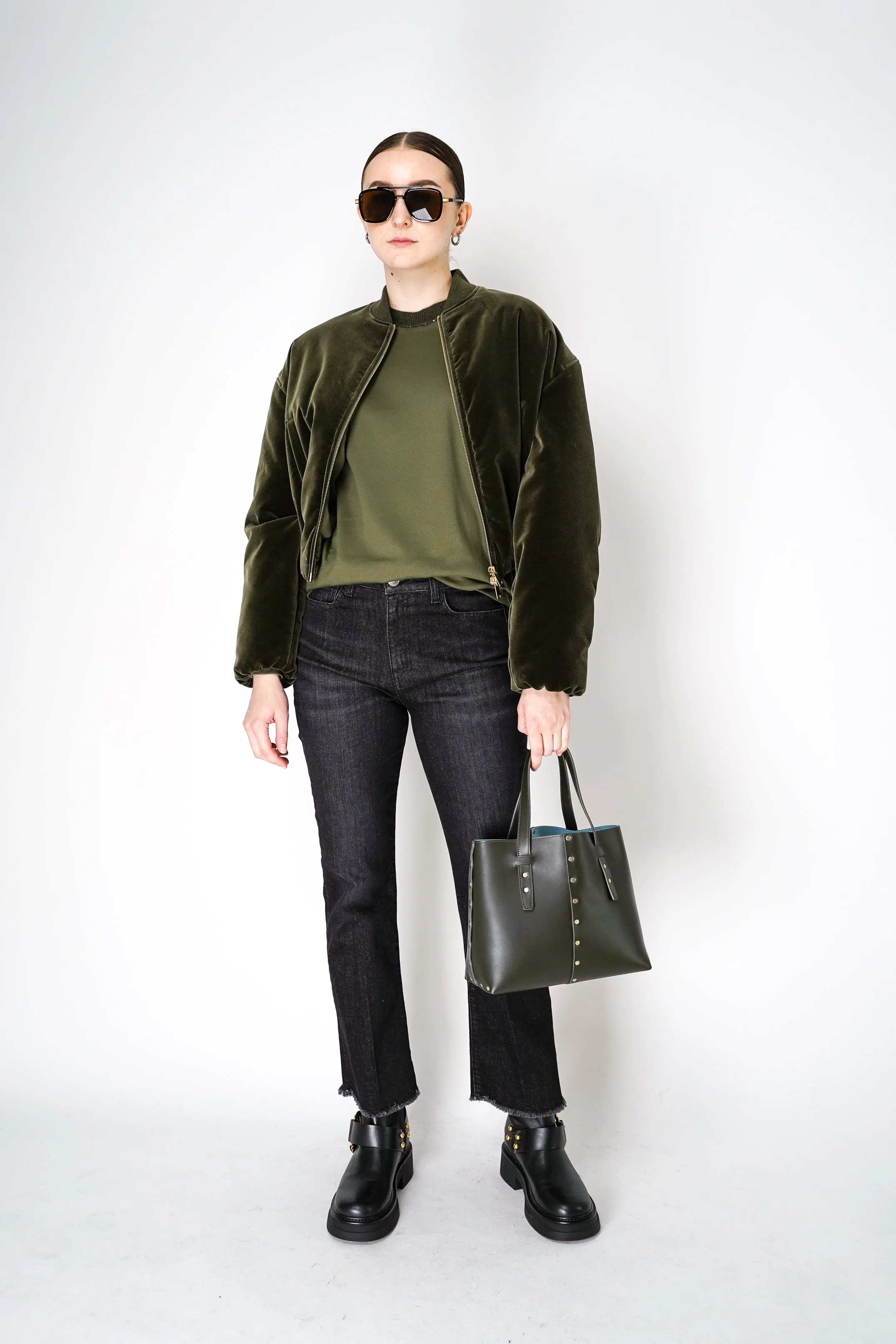 Fabiana Filippi Long Sleeve Jersey Top with Knitted Crew Neck in Loden Green