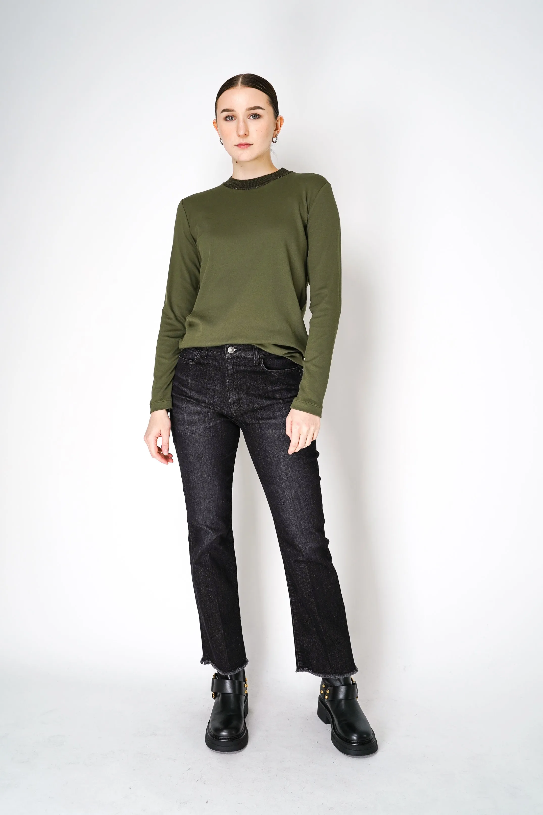 Fabiana Filippi Long Sleeve Jersey Top with Knitted Crew Neck in Loden Green