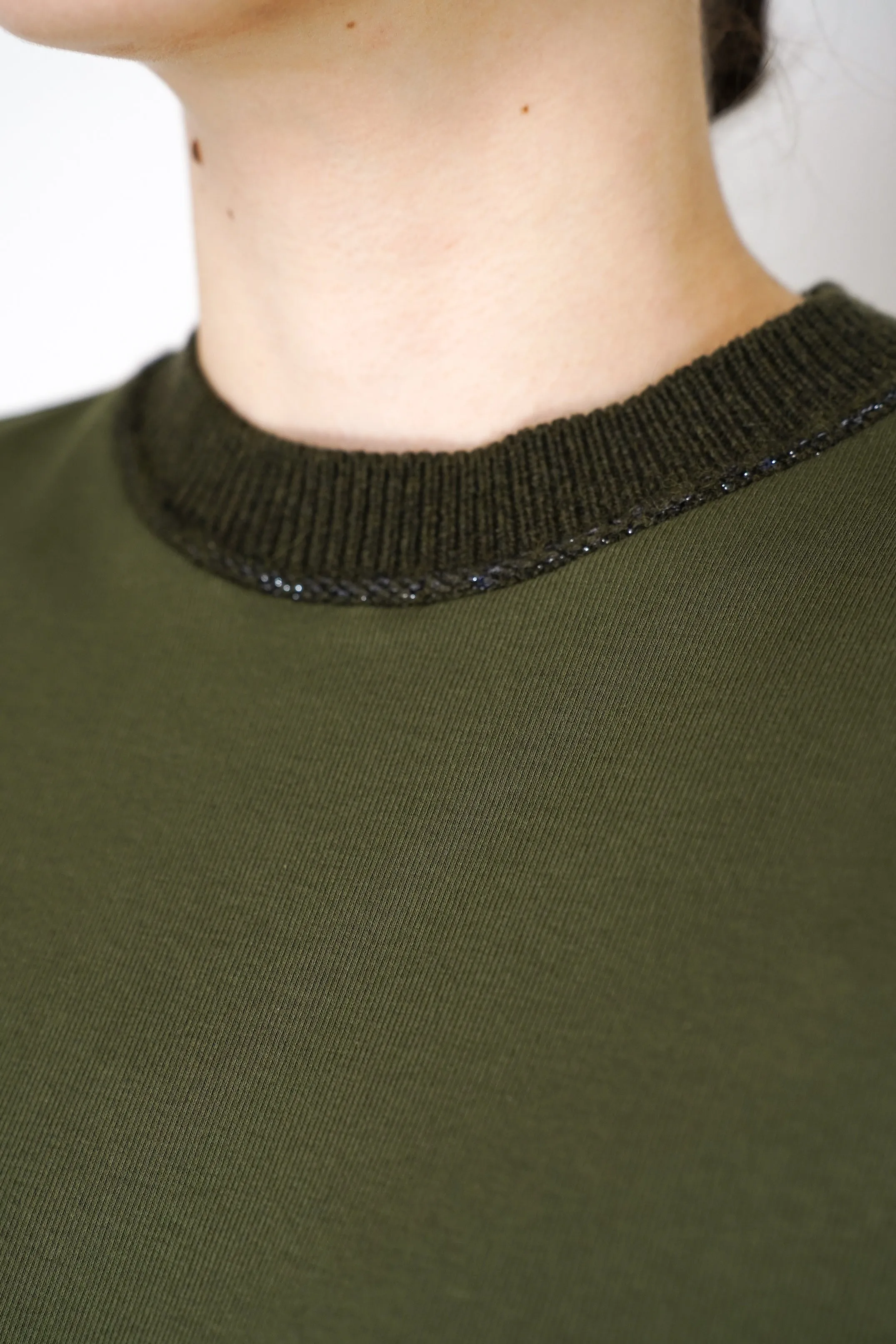 Fabiana Filippi Long Sleeve Jersey Top with Knitted Crew Neck in Loden Green