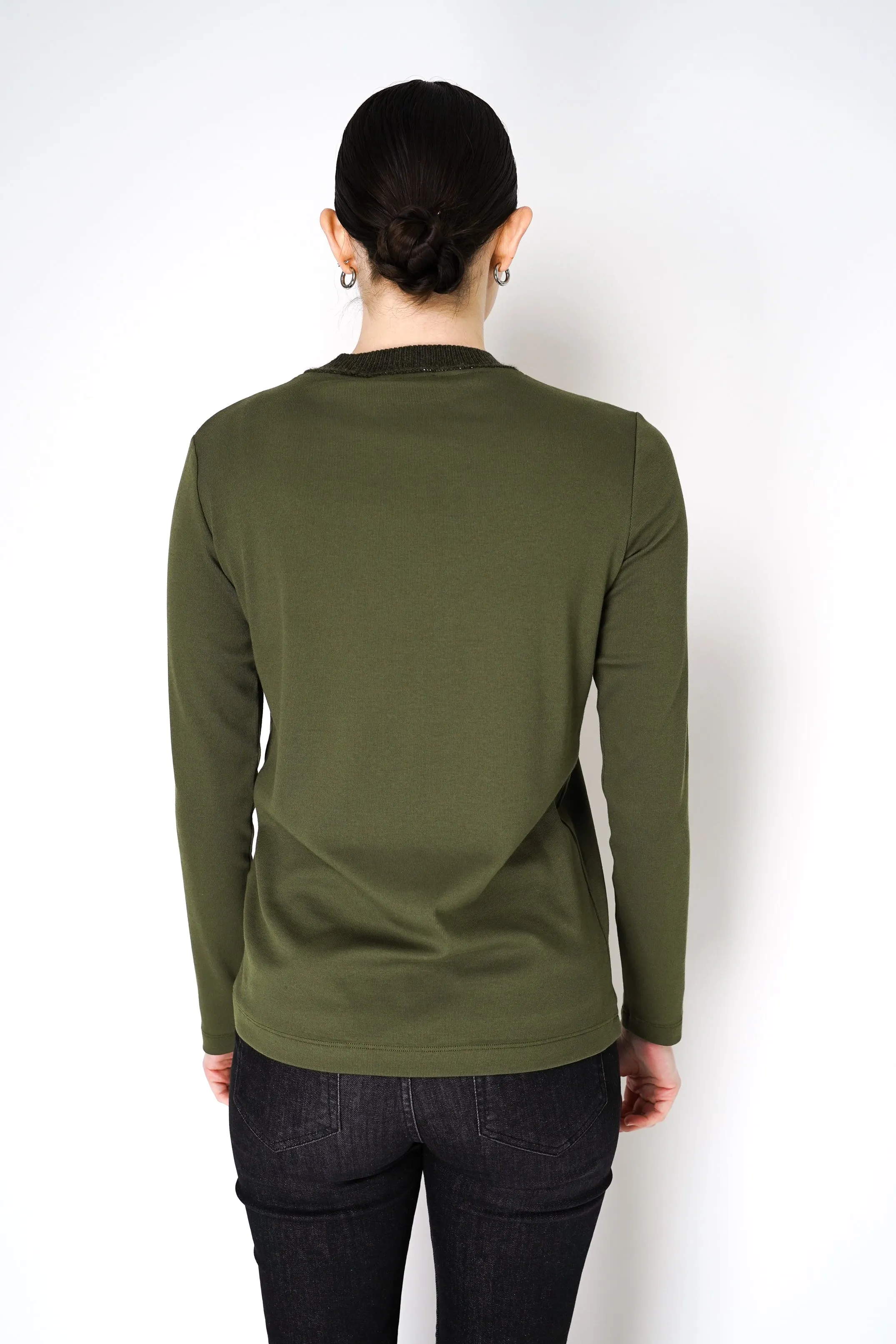 Fabiana Filippi Long Sleeve Jersey Top with Knitted Crew Neck in Loden Green