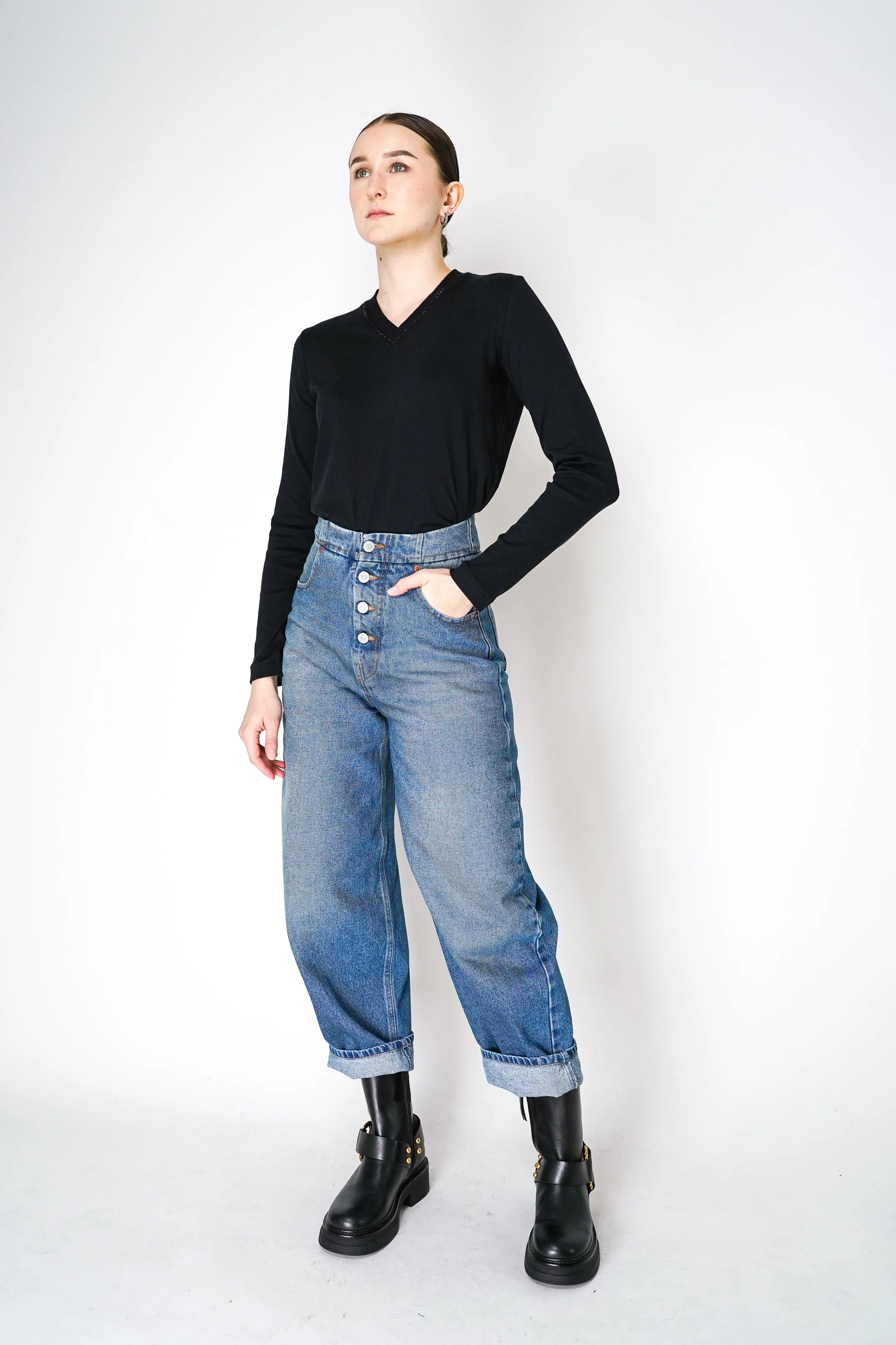 Fabiana Filippi Long Sleeve Jersey Top with Knitted V-Neckline in Black