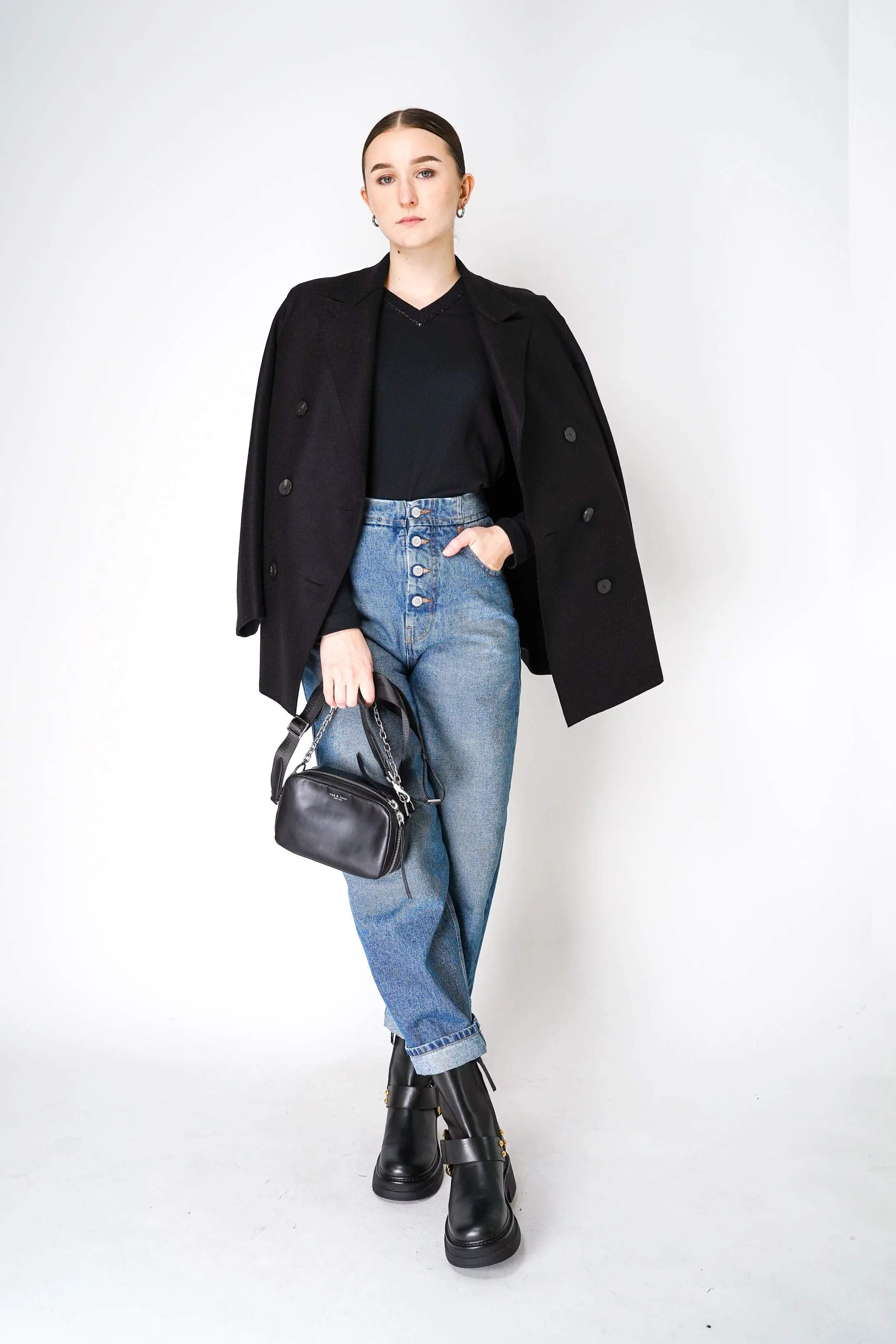 Fabiana Filippi Long Sleeve Jersey Top with Knitted V-Neckline in Black