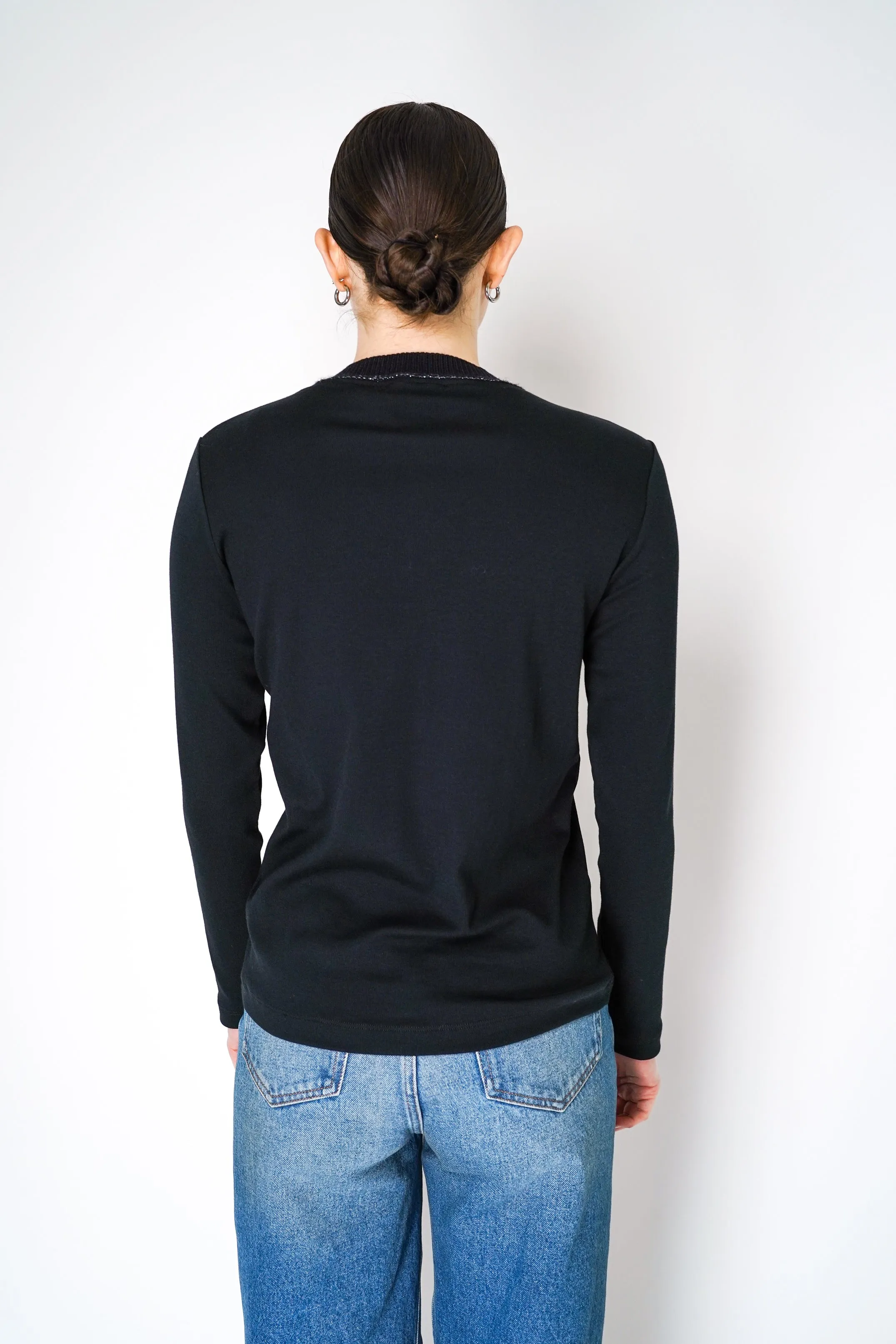Fabiana Filippi Long Sleeve Jersey Top with Knitted V-Neckline in Black