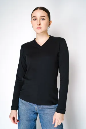 Fabiana Filippi Long Sleeve Jersey Top with Knitted V-Neckline in Black