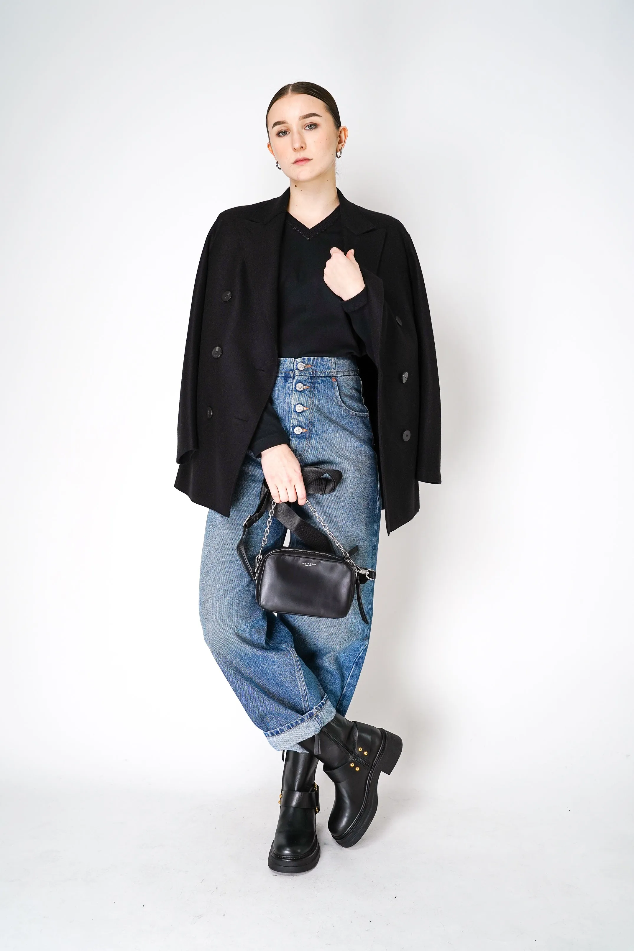 Fabiana Filippi Long Sleeve Jersey Top with Knitted V-Neckline in Black