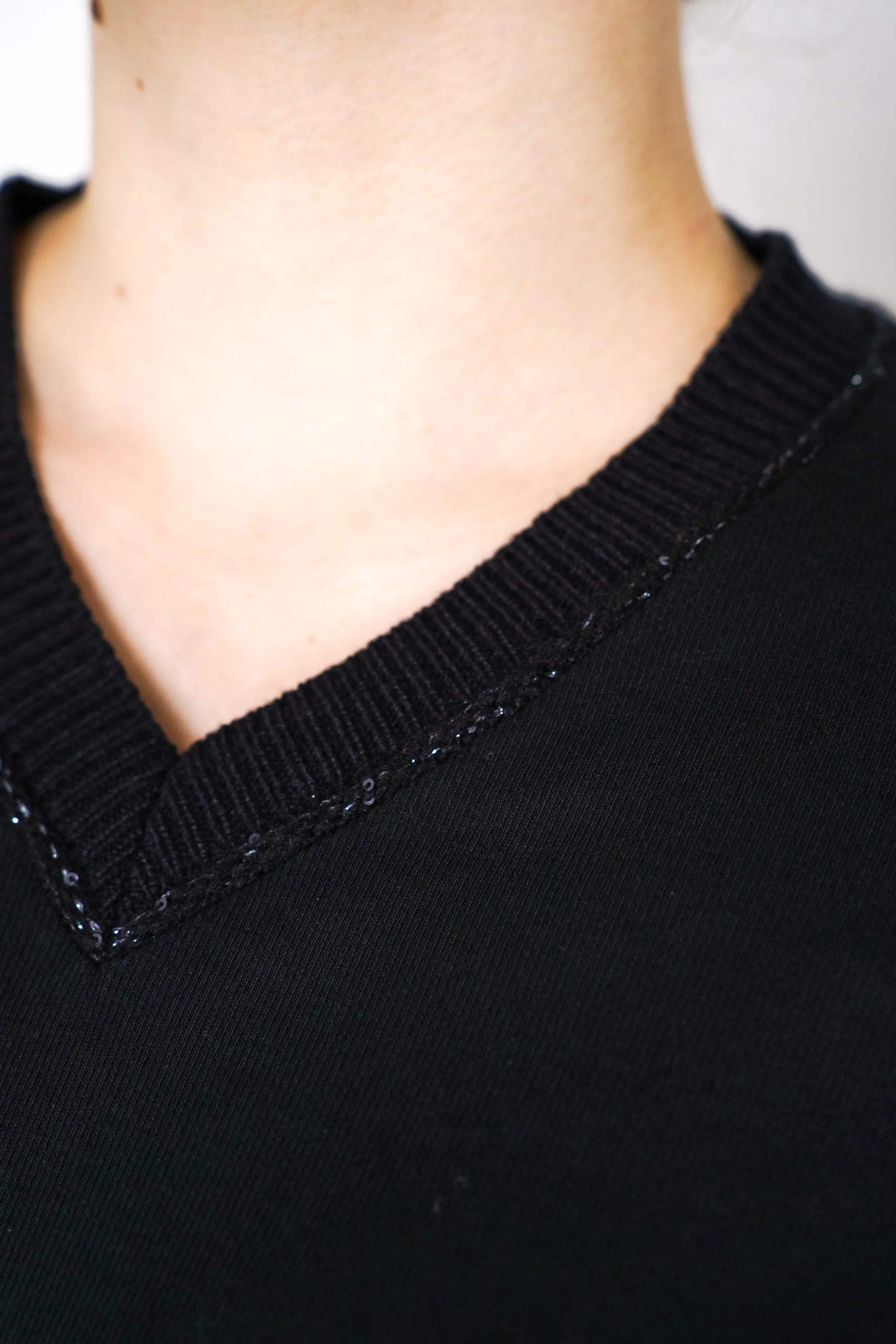 Fabiana Filippi Long Sleeve Jersey Top with Knitted V-Neckline in Black