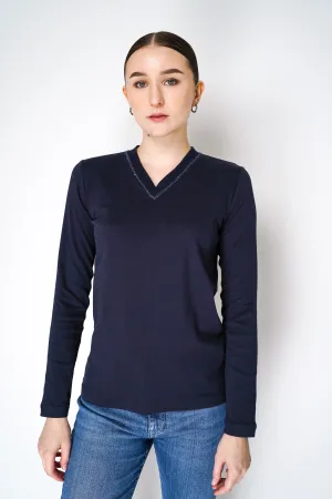 Fabiana Filippi Long Sleeve Jersey Top with Knitted V-Neckline in Navy