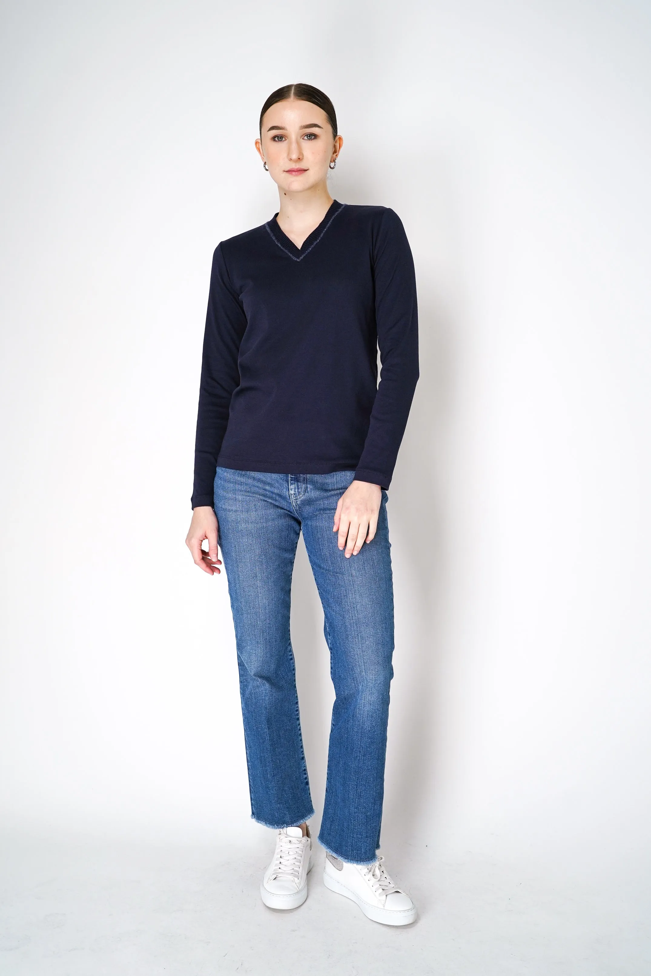 Fabiana Filippi Long Sleeve Jersey Top with Knitted V-Neckline in Navy