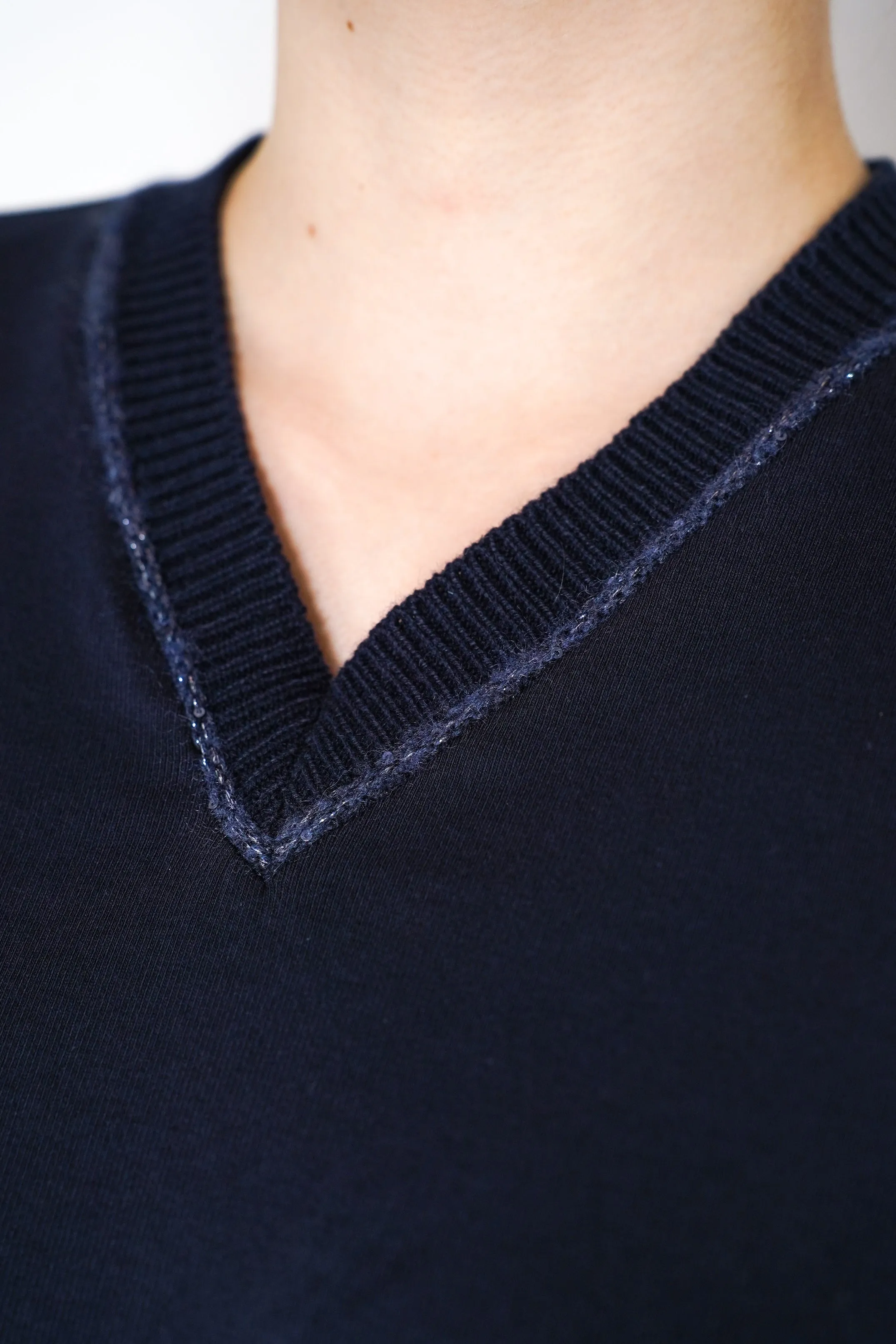 Fabiana Filippi Long Sleeve Jersey Top with Knitted V-Neckline in Navy
