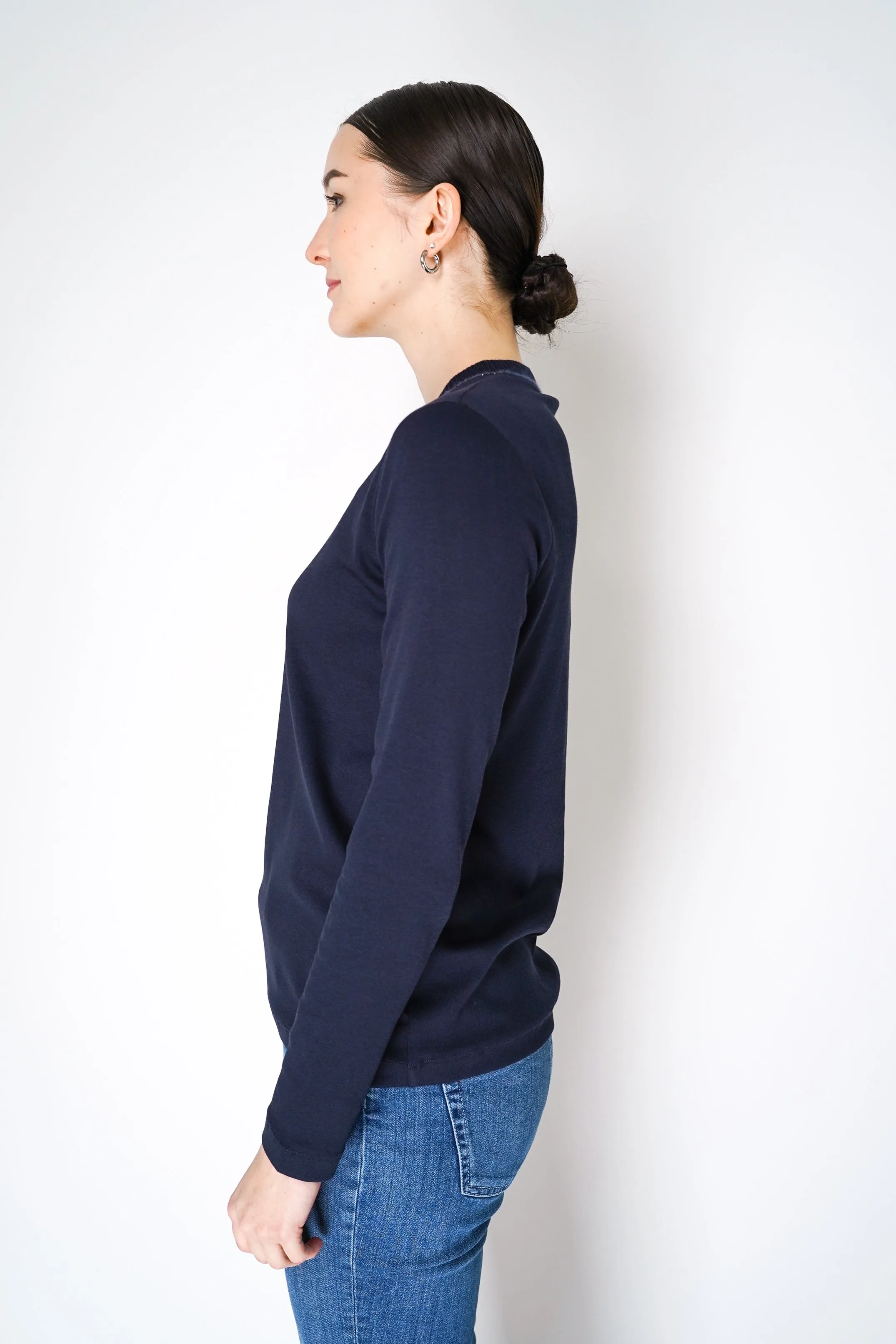Fabiana Filippi Long Sleeve Jersey Top with Knitted V-Neckline in Navy