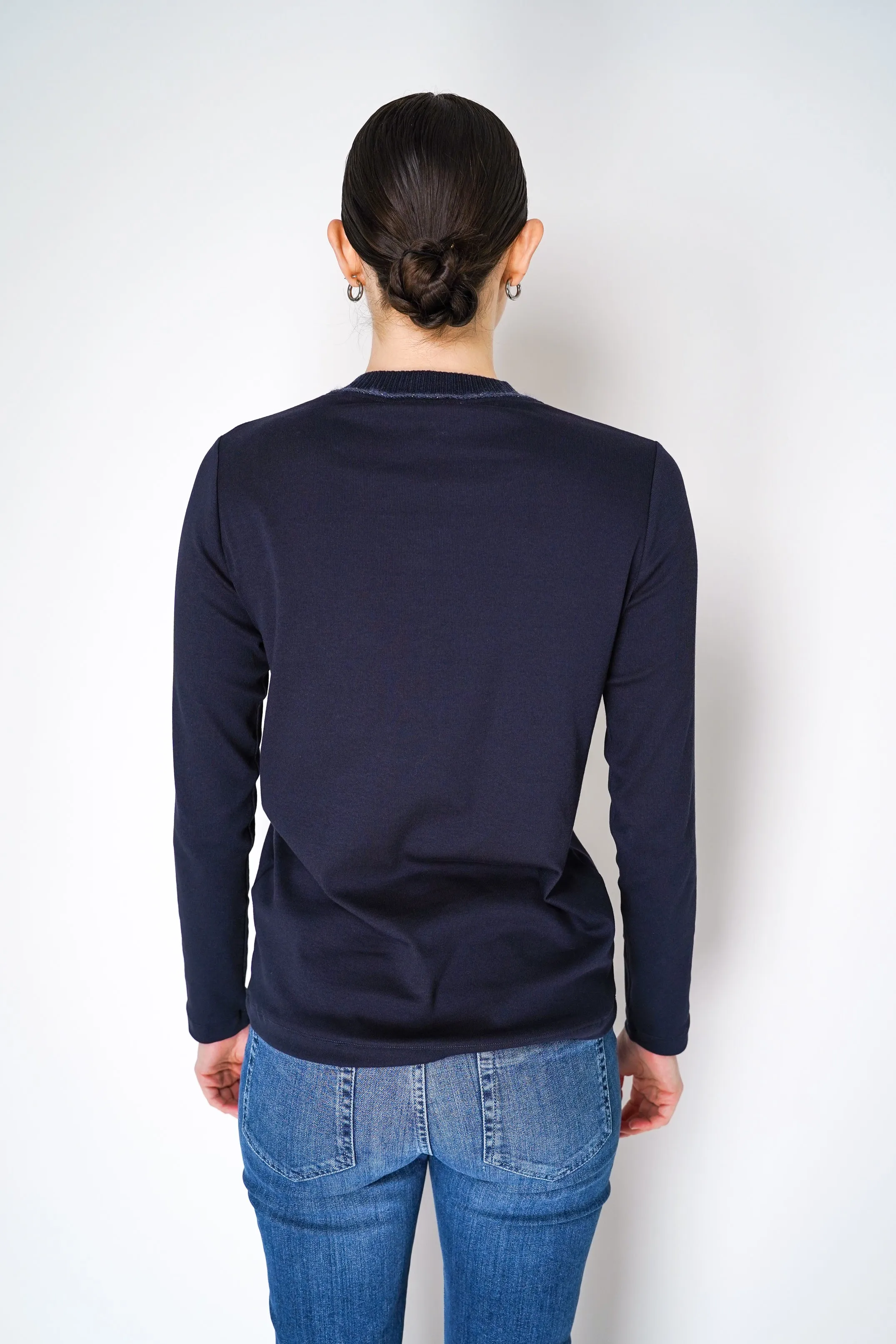Fabiana Filippi Long Sleeve Jersey Top with Knitted V-Neckline in Navy