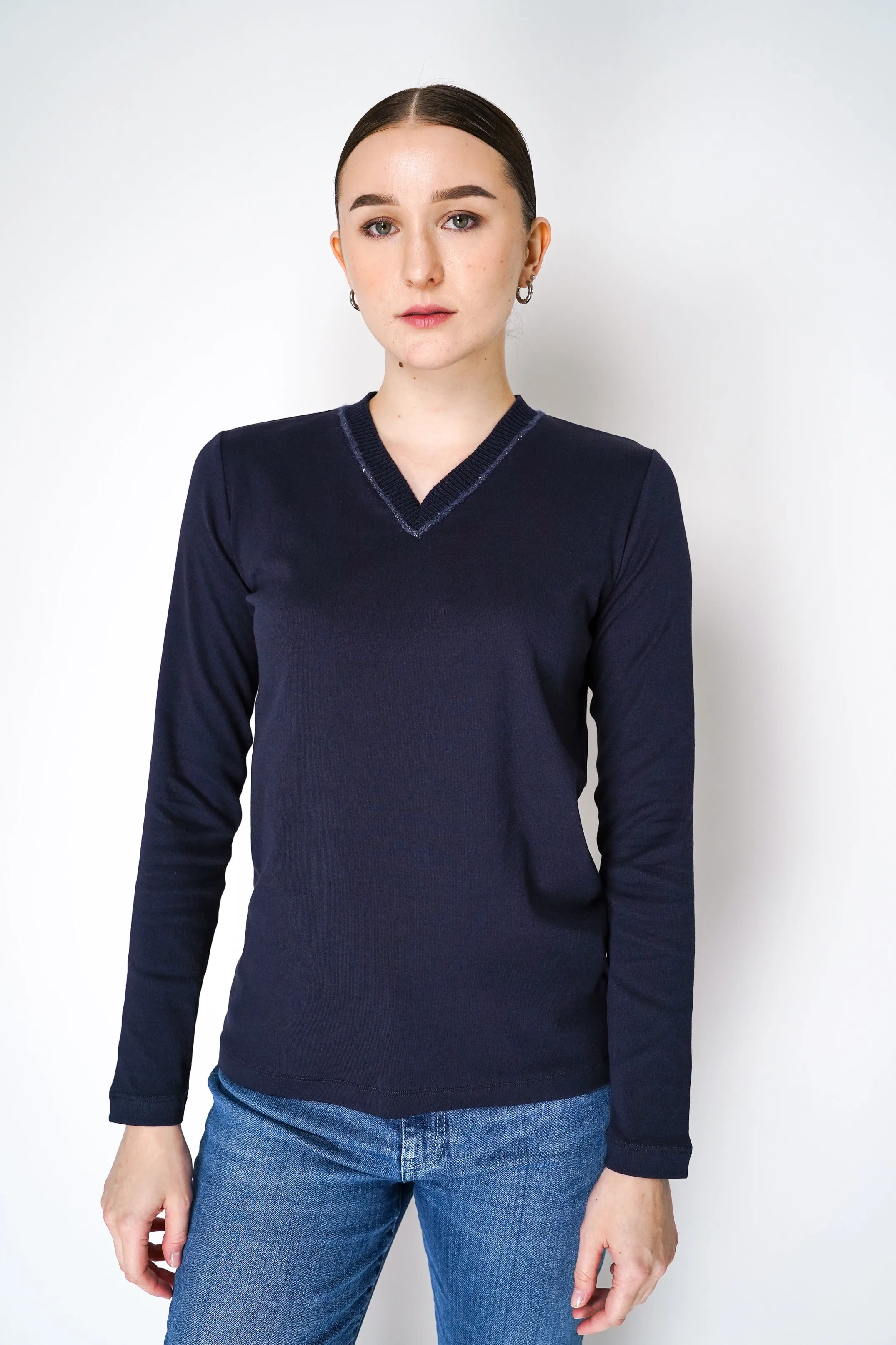 Fabiana Filippi Long Sleeve Jersey Top with Knitted V-Neckline in Navy