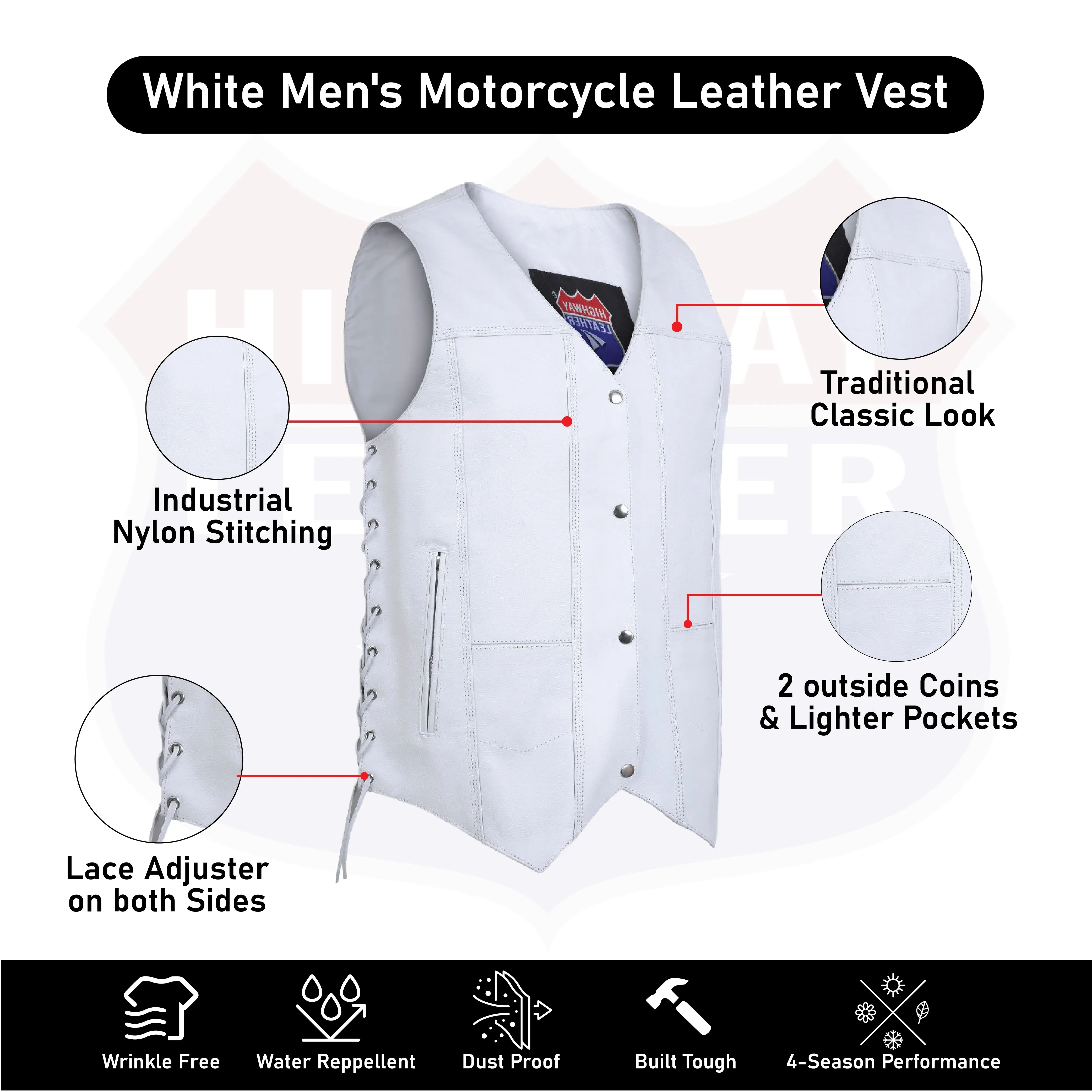 HL3540WHITE Men's Genuine White Leather 10 Pockets Motorcycle Biker Vest ANARCHY White SOA