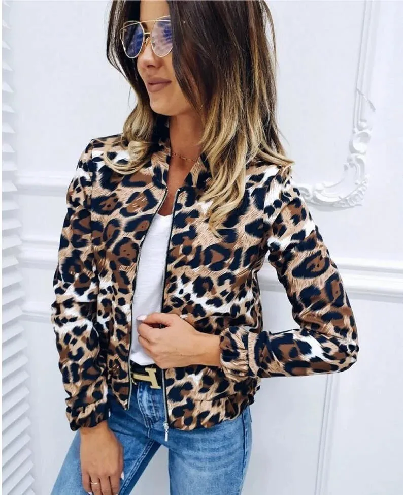 Leopard Pattern Standing Neck Loose Fitting Zipper Short Spring Autumn Coats Jacket