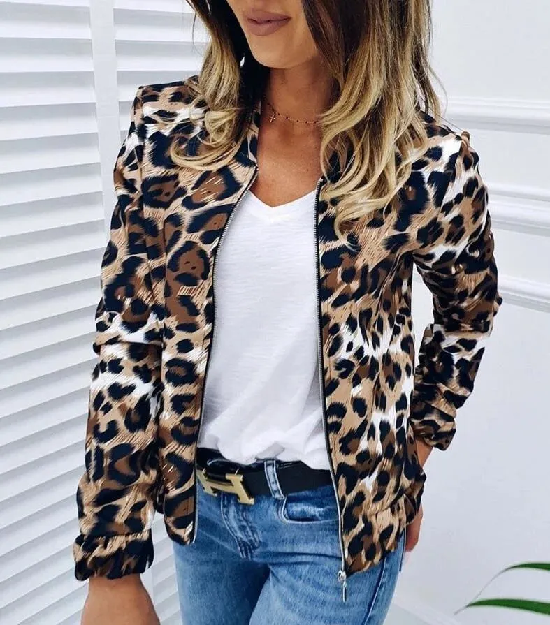 Leopard Pattern Standing Neck Loose Fitting Zipper Short Spring Autumn Coats Jacket