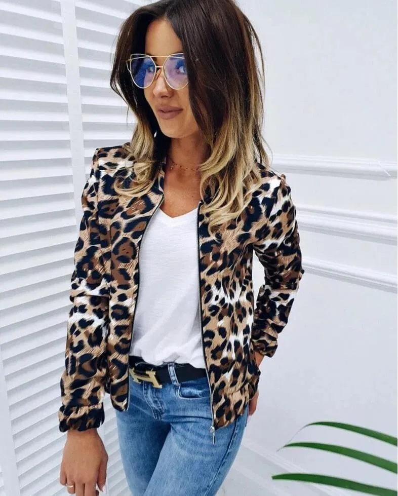 Leopard Pattern Standing Neck Loose Fitting Zipper Short Spring Autumn Coats Jacket