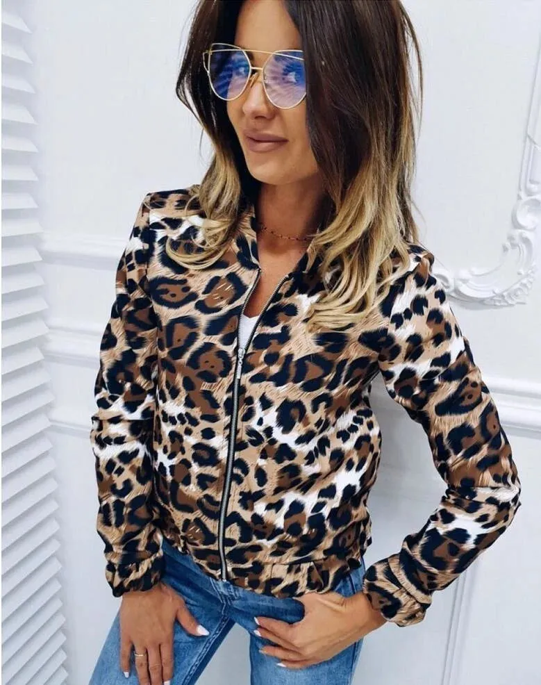 Leopard Pattern Standing Neck Loose Fitting Zipper Short Spring Autumn Coats Jacket
