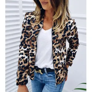 Leopard Pattern Standing Neck Loose Fitting Zipper Short Spring Autumn Coats Jacket