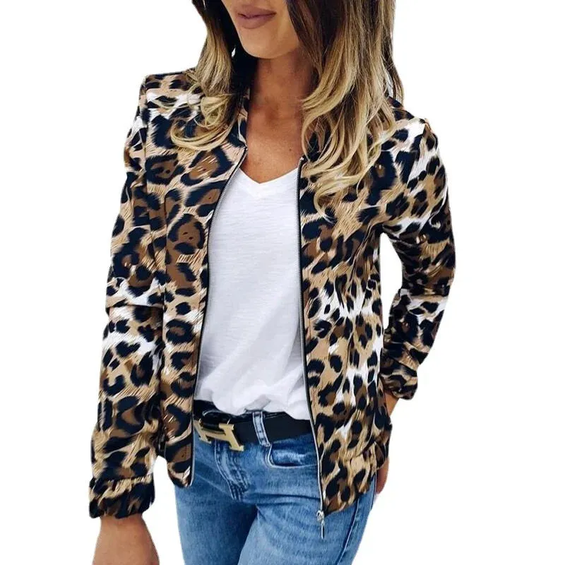 Leopard Pattern Standing Neck Loose Fitting Zipper Short Spring Autumn Coats Jacket