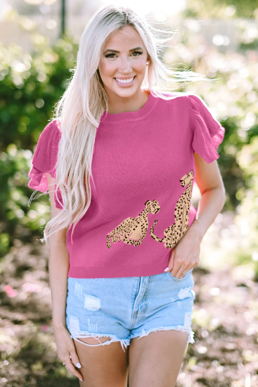 Leopard Ruffled Sleeve Knit Sweater