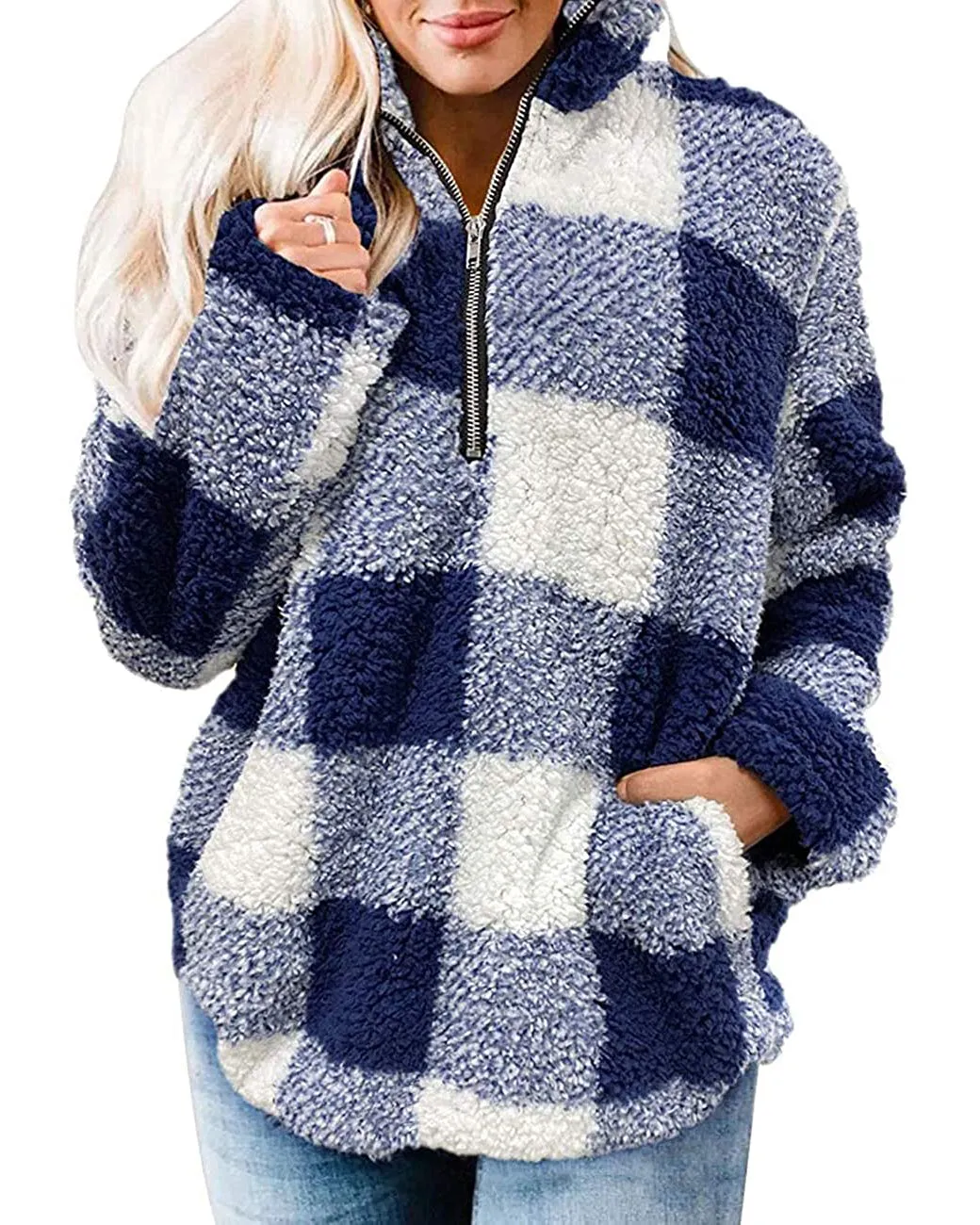 MEROKEETY Plaid Sherpa Fleece Zip Pullover Jacket