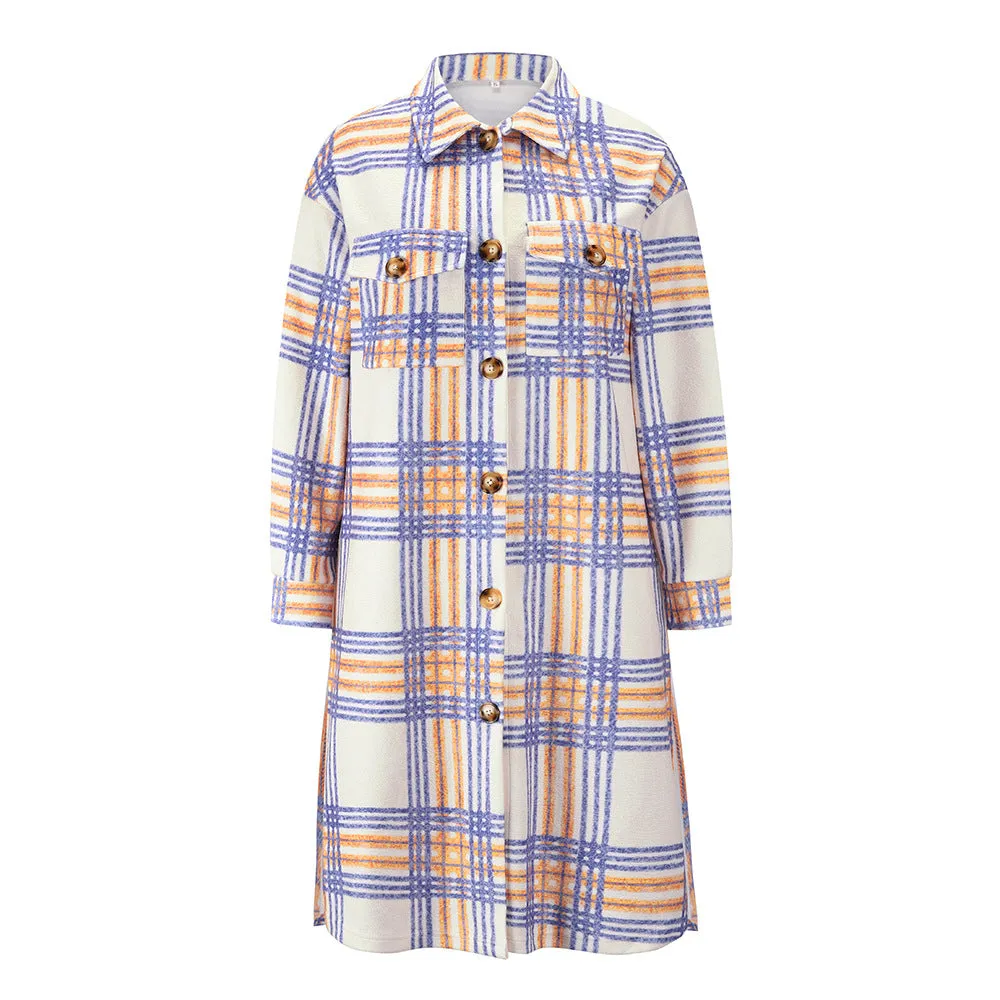 New Autumn And Winter Plaid Long-sleeved Long Cardigan Coat